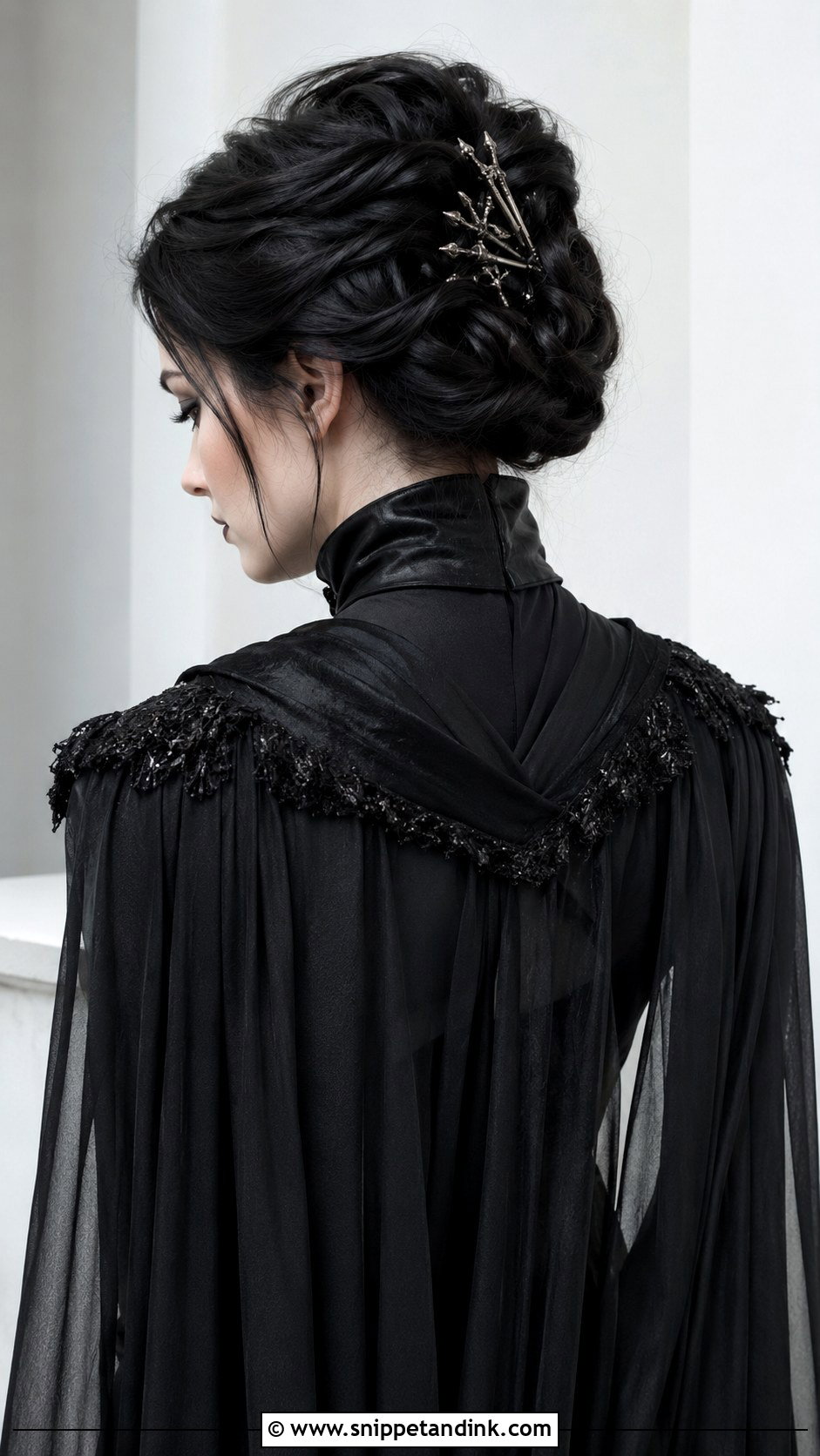 Gothic Twisted Updo With Cape - Snippet and Ink - 25 Gothic Wedding Hairstyles