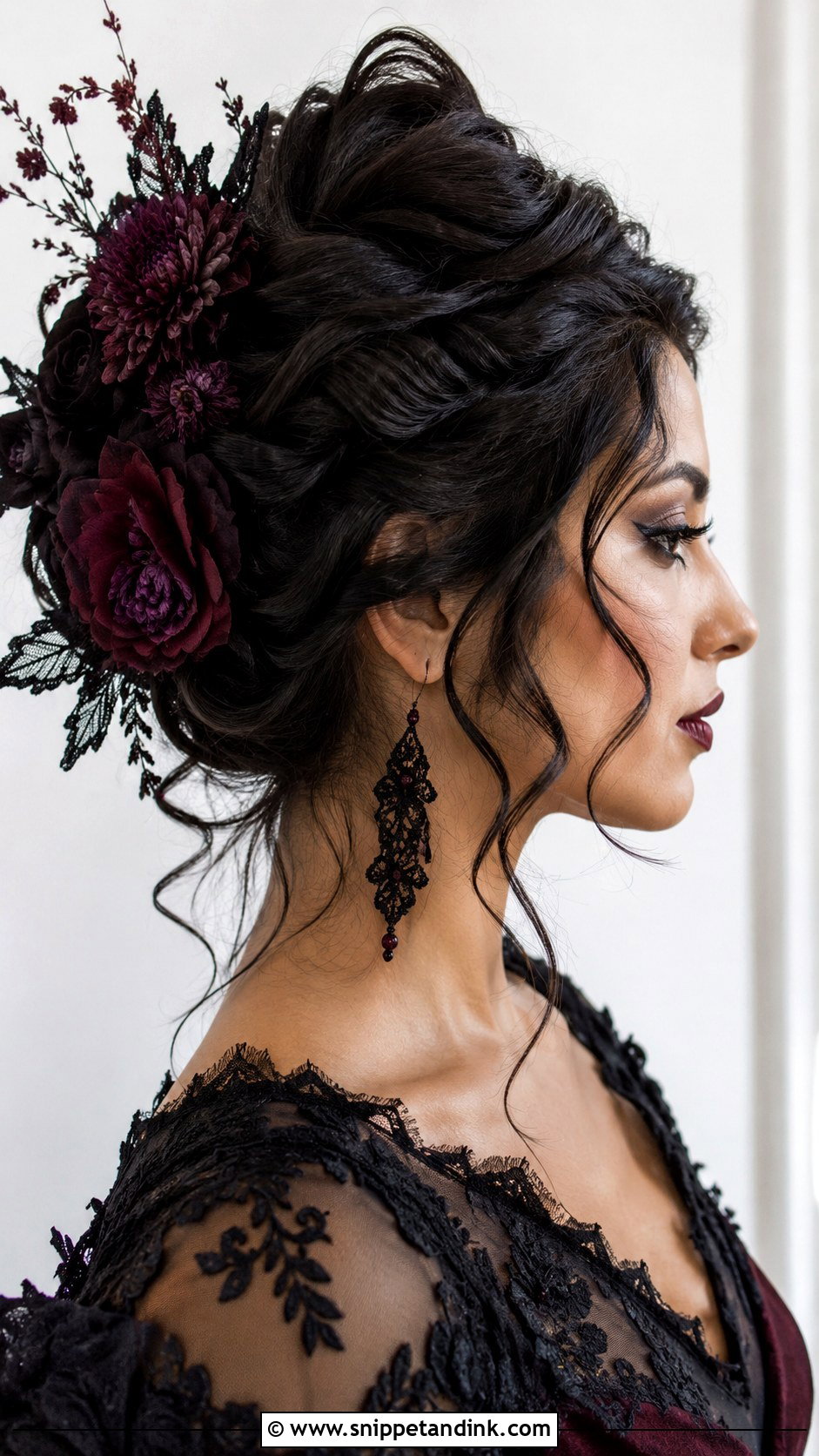 Gothic Twisted Updo With Dark Florals - Snippet and Ink - 20 Edgy Wedding Hair Ideas