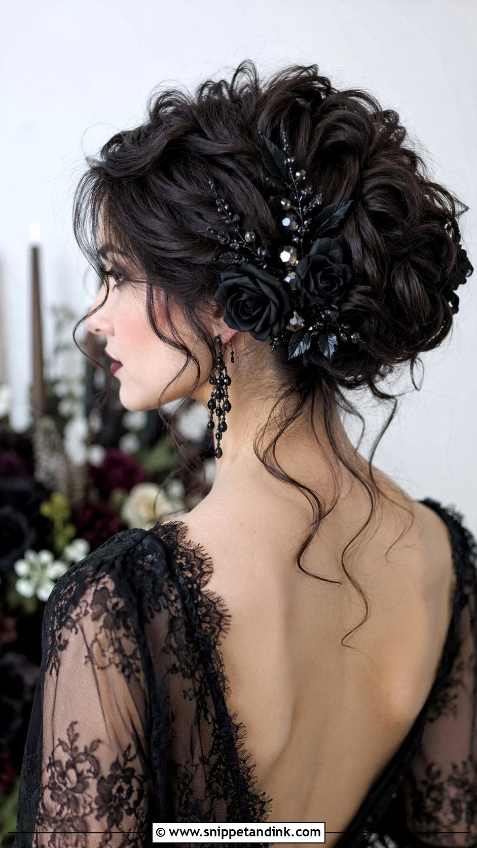 Gothic Updo With Black Silk Flowers - Snippet and Ink - 20 Gothic Wedding Hair Ideas