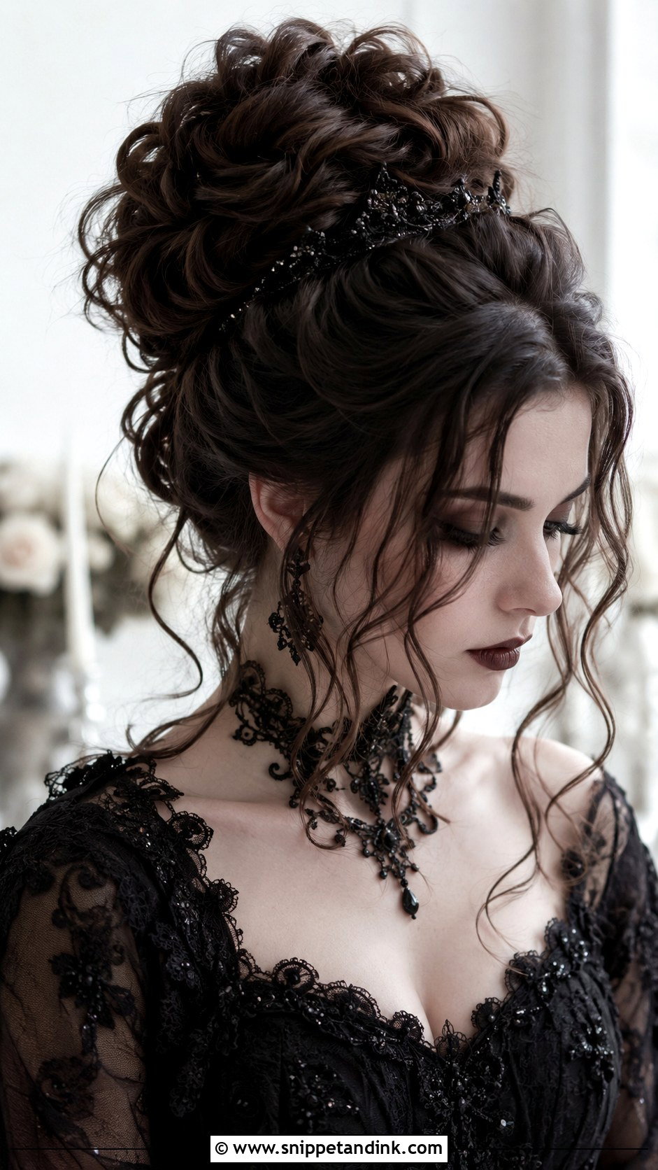 Gothic Updo With Trailing Tendrils - Snippet and Ink - 20 Gothic Wedding Hair Ideas