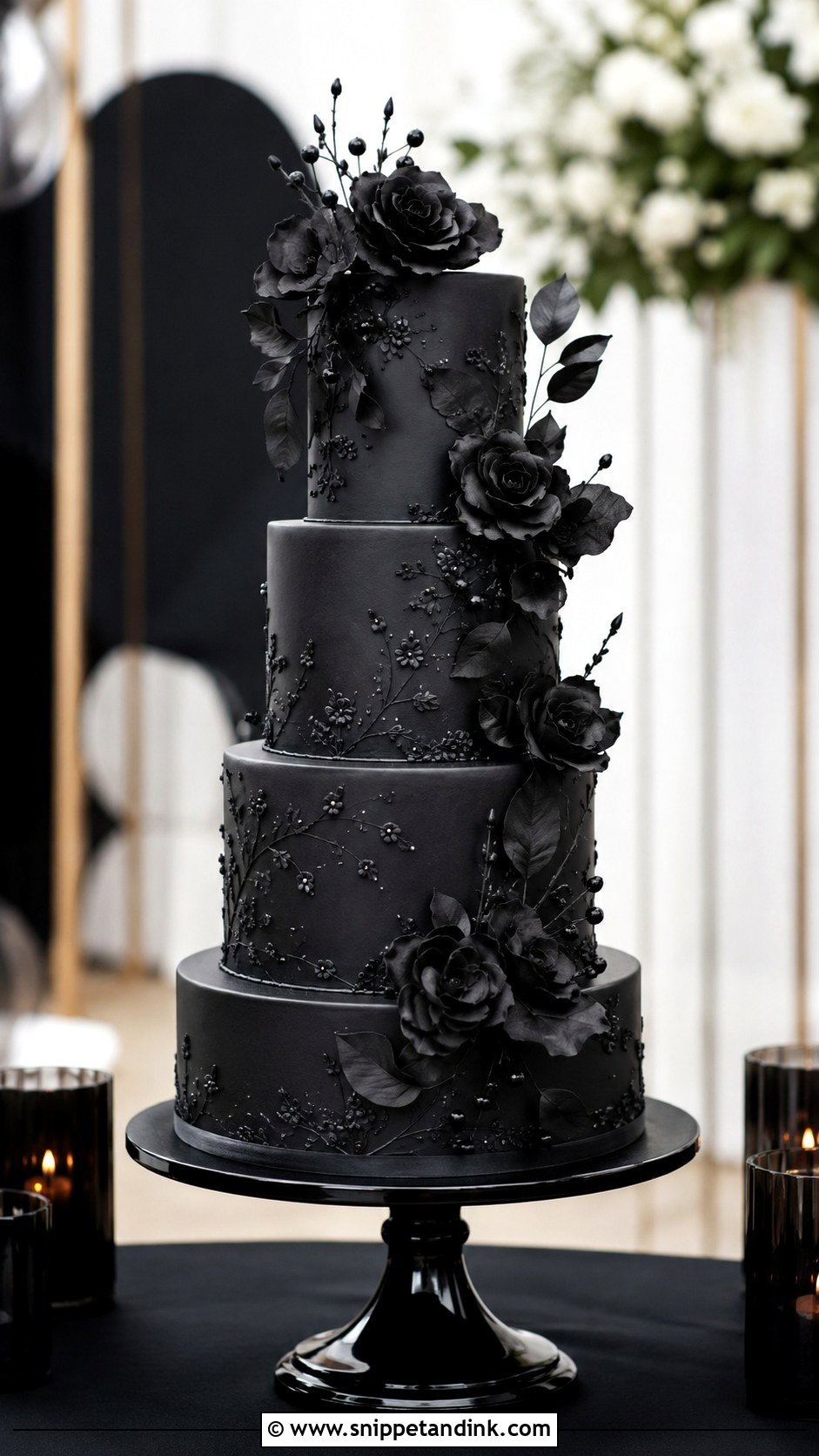 Gothic Wedding Cake With Black Flowers - Snippet and Ink - 20 Simple Gothic Wedding Cake Ideas