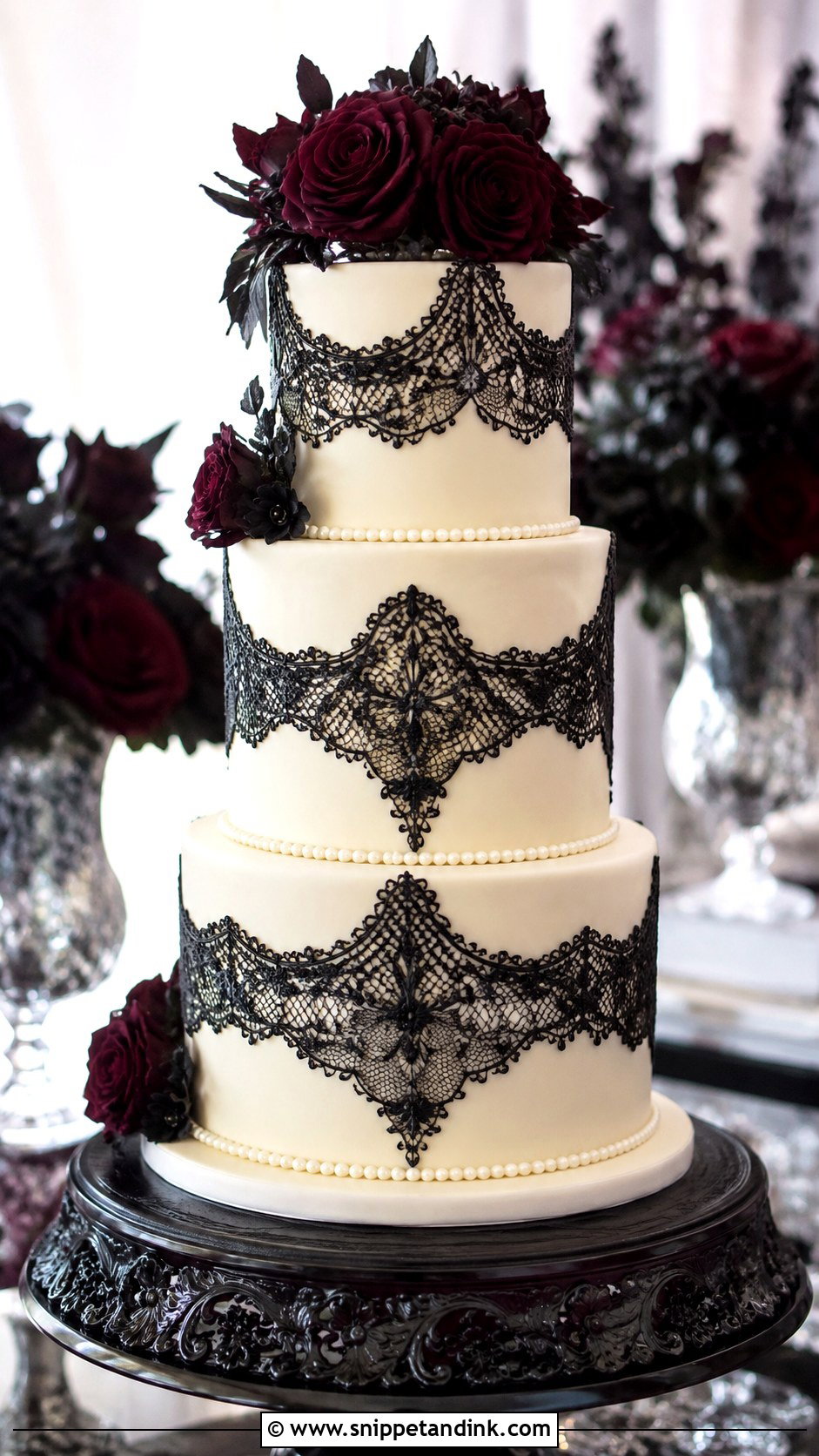 Gothic Wedding Cake With Black Lace - Snippet and Ink - 20 Simple Gothic Wedding Cake Ideas