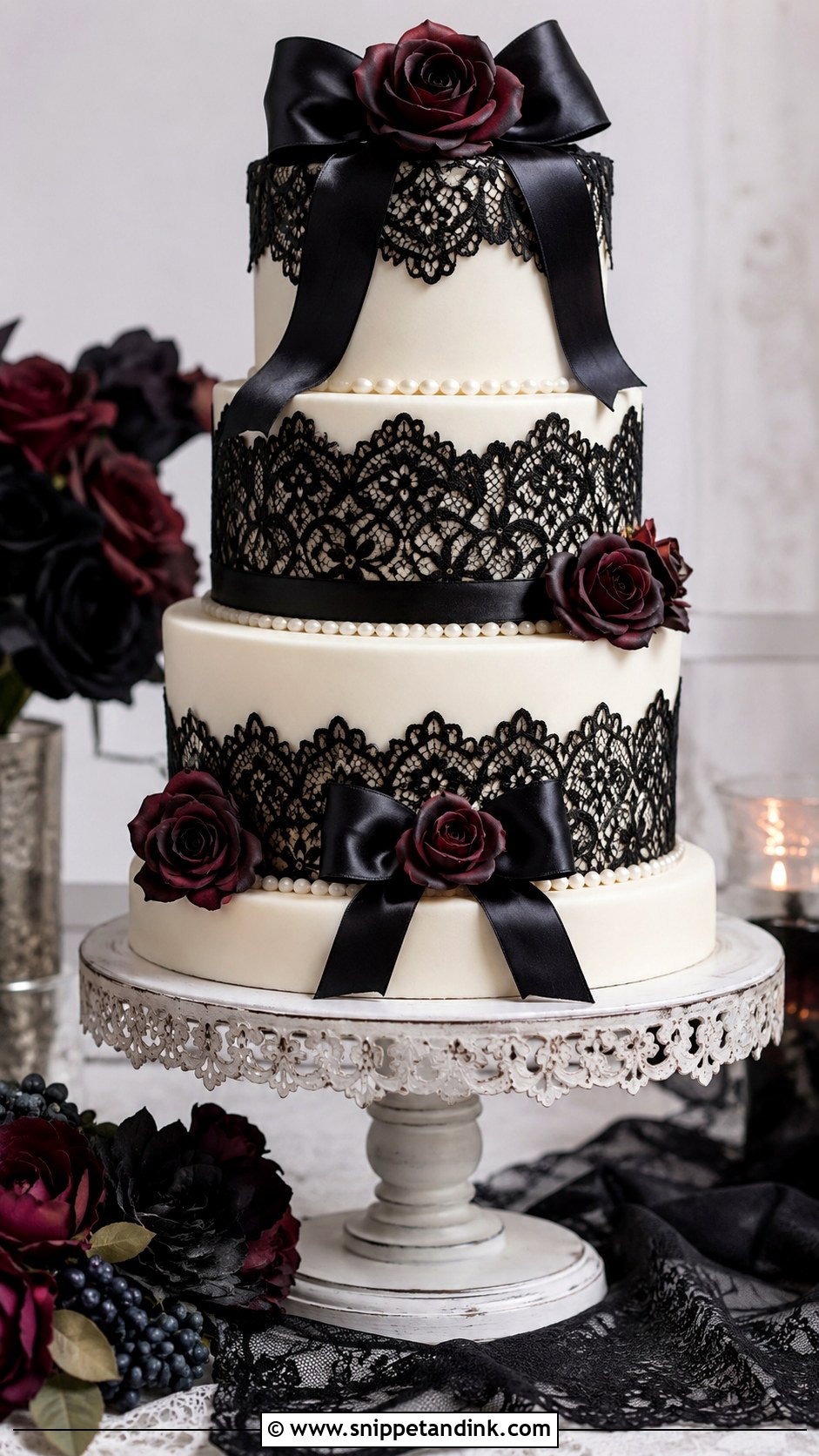 Gothic Wedding Cake With Black Lace - Snippet and Ink - 20 Gothic Wedding Cake Ideas