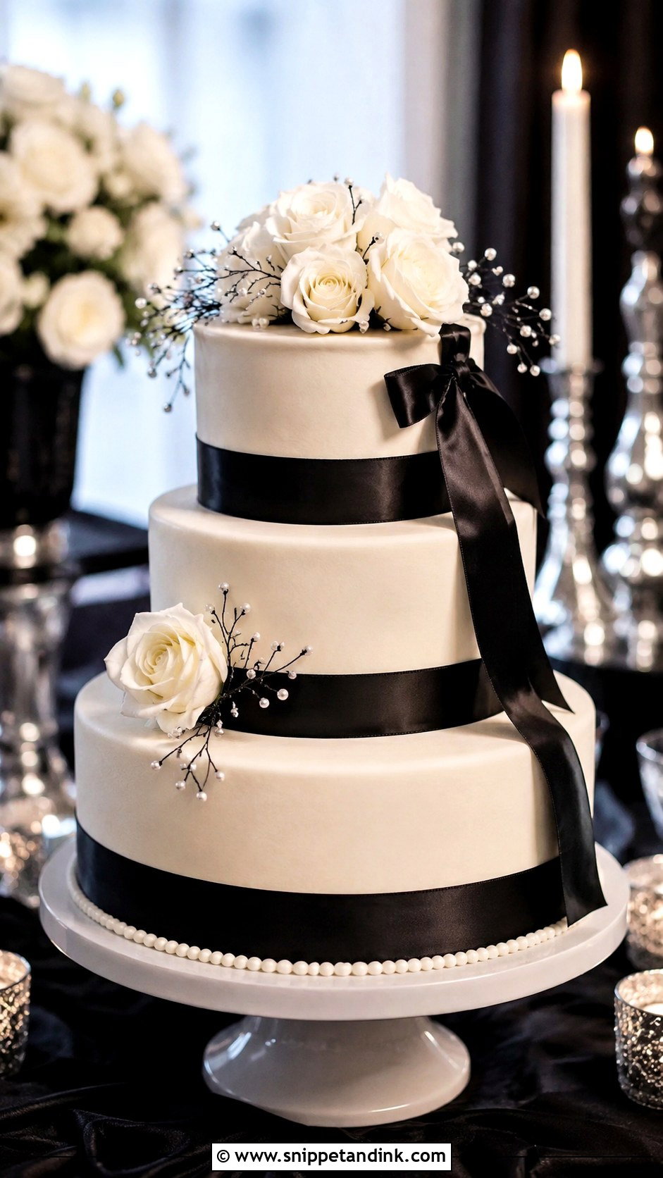 Gothic Wedding Cake With Black Ribbon - Snippet and Ink - 20 Simple Gothic Wedding Cake Ideas