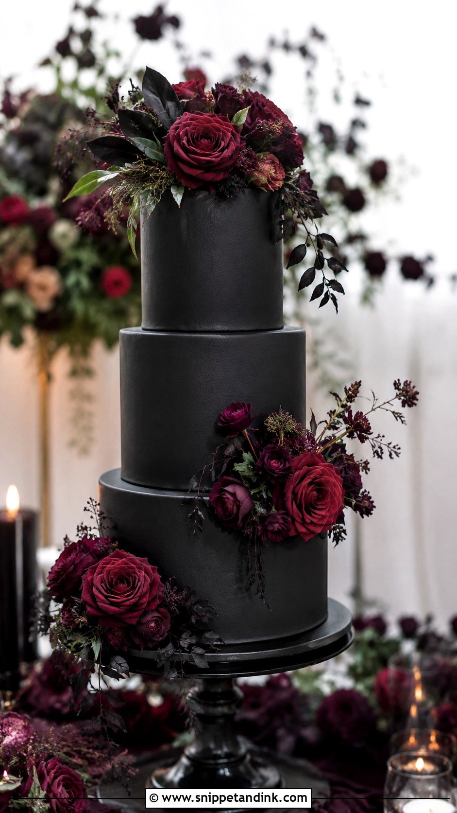 Gothic Wedding Cake With Burgundy Flowers - Snippet and Ink - 20 Simple Gothic Wedding Cake Ideas
