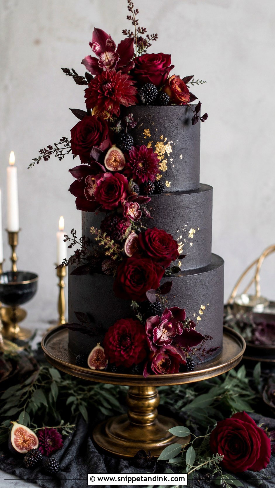 Gothic Wedding Cake With Burgundy Flowers - Snippet and Ink - 20 Gothic Wedding Cake Ideas