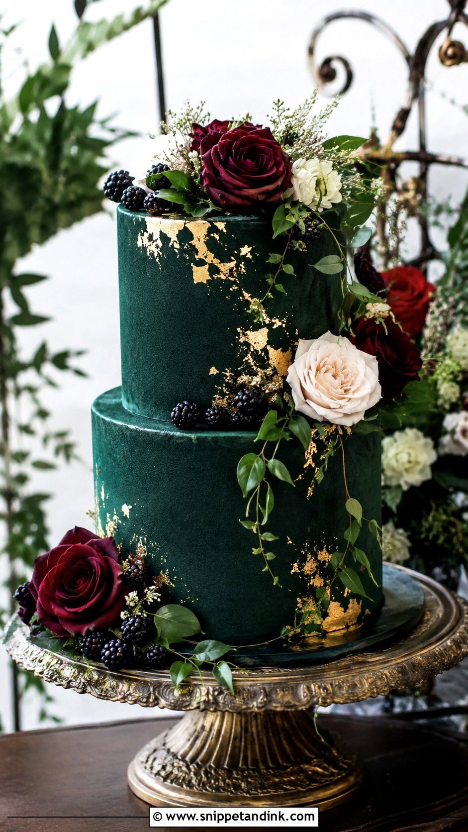 Gothic Wedding Cake With Dark Green - Snippet and Ink - 20 Gothic Wedding Cake Ideas
