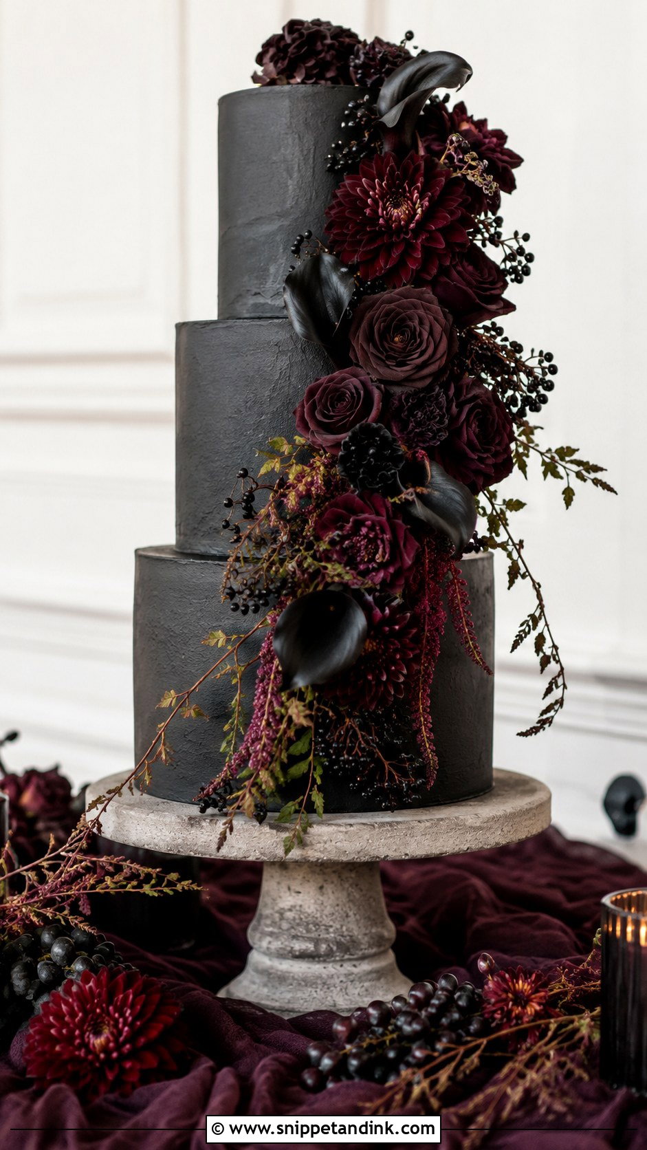 Gothic Wedding Cake With Flowers - Snippet and Ink - 20 Gothic Wedding Cake Ideas