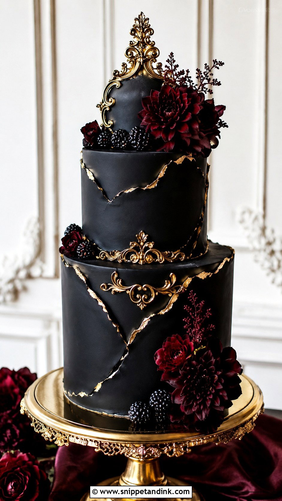 Gothic Wedding Cake With Gold - Snippet and Ink - 20 Gothic Wedding Cake Ideas