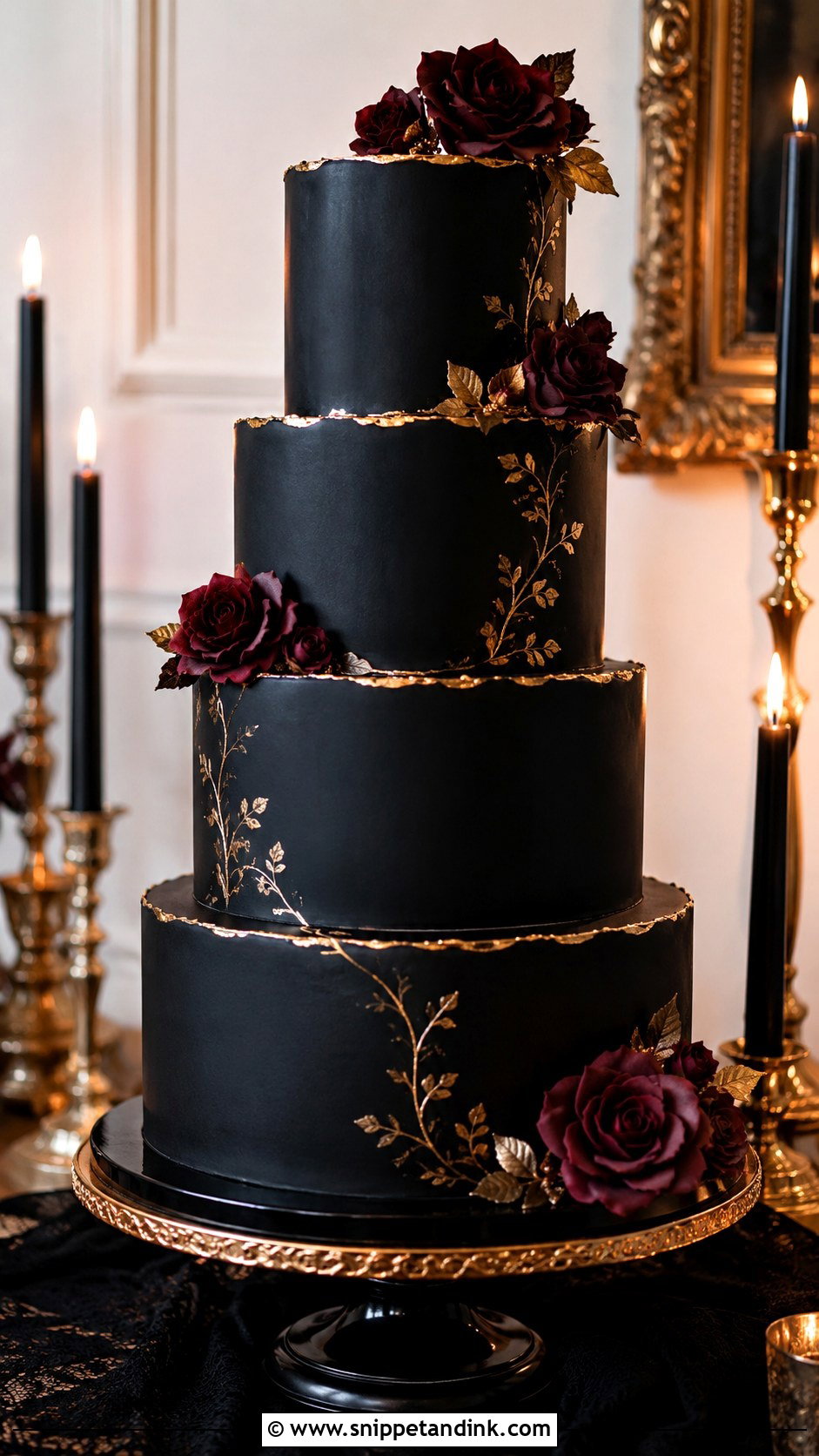 Gothic Wedding Cake With Gold - Snippet and Ink - 20 Goth Wedding Cake Ideas