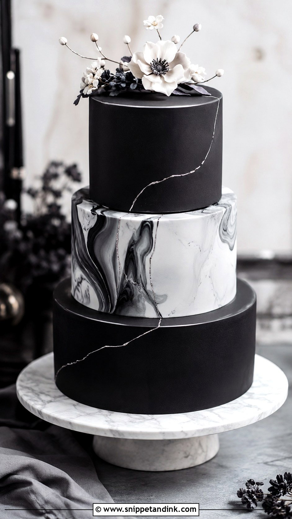 Gothic Wedding Cake With Marble - Snippet and Ink - 20 Simple Gothic Wedding Cake Ideas
