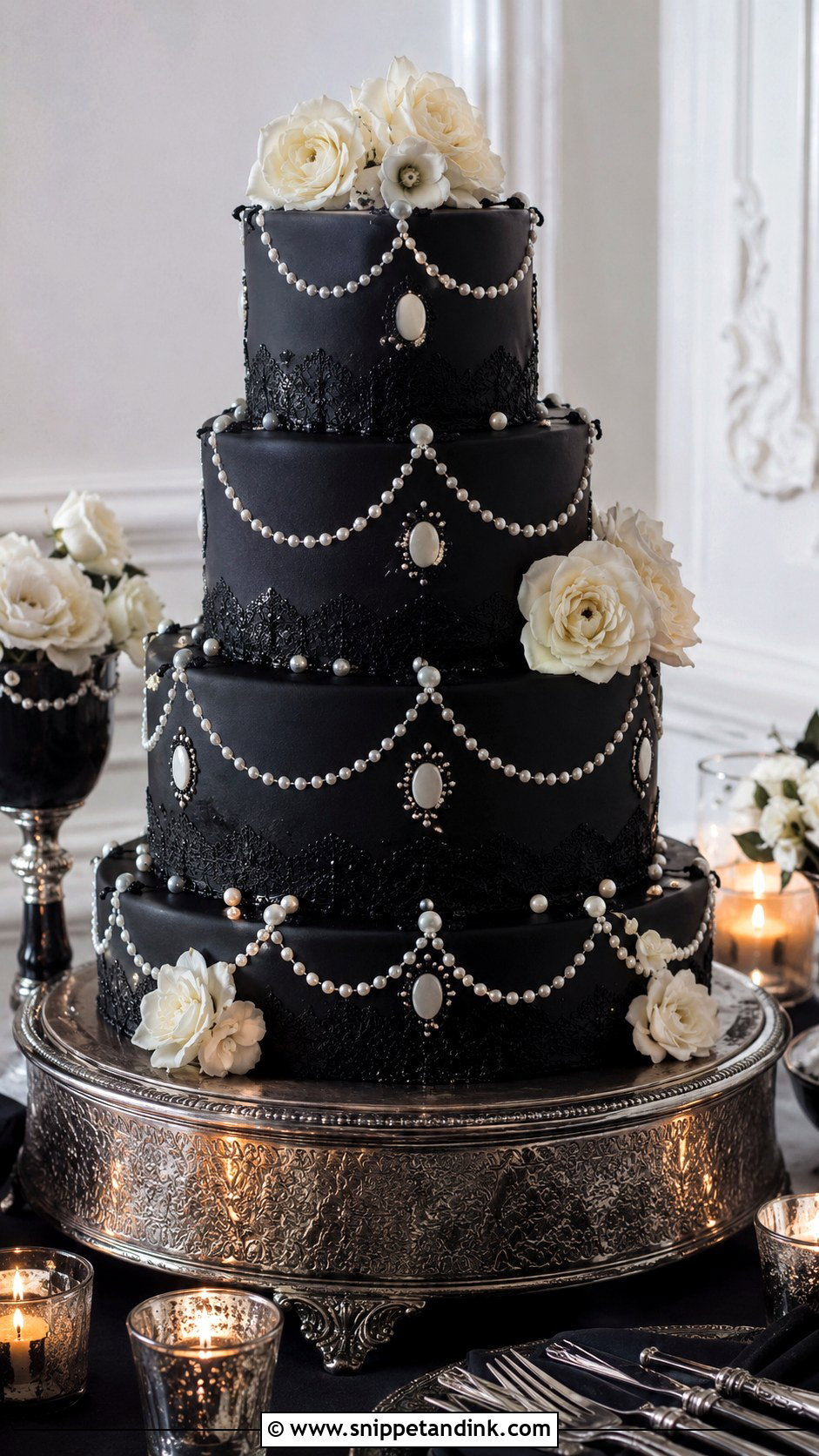 Gothic Wedding Cake With Pearls - Snippet and Ink - 20 Goth Wedding Cake Ideas