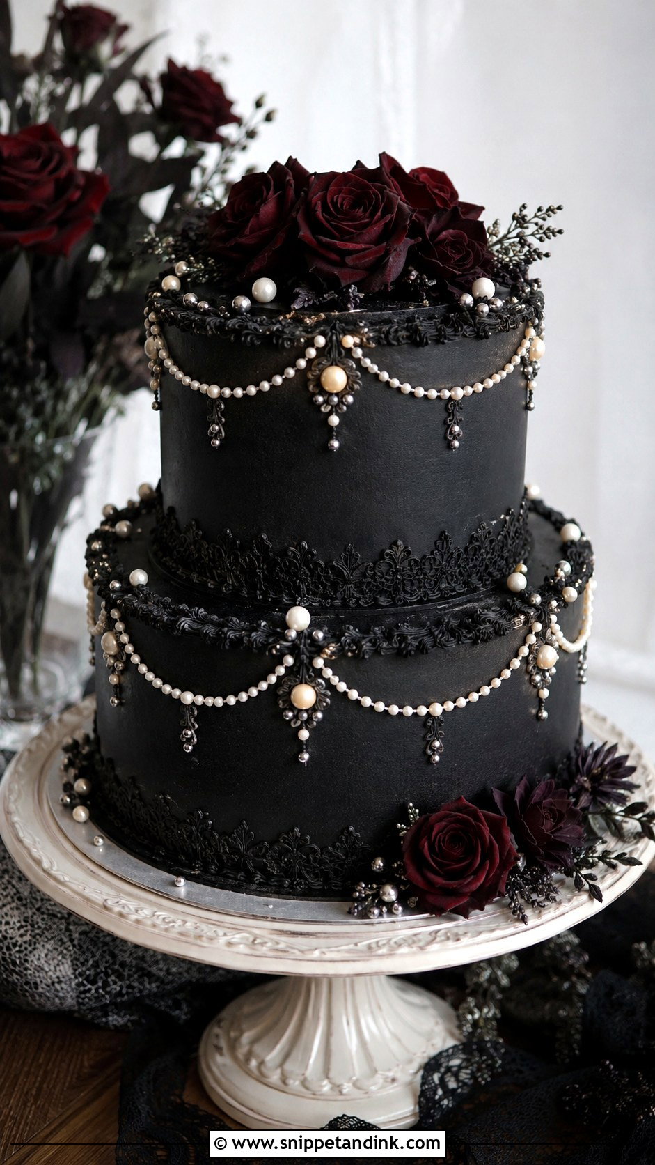 Gothic Wedding Cake With Pearls - Snippet and Ink - 20 Gothic Wedding Cake Ideas