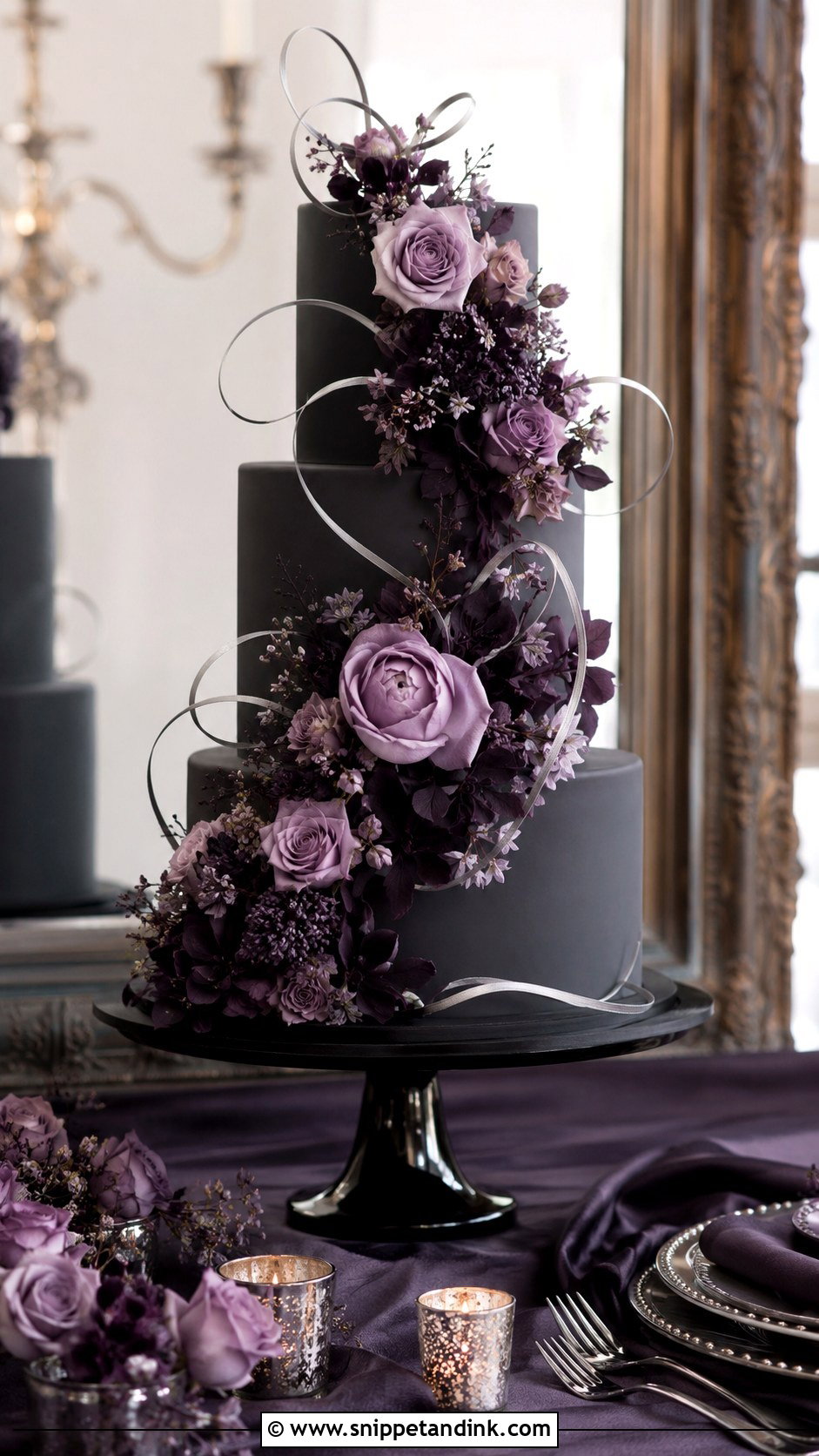 Gothic Wedding Cake With Purple Flowers - Snippet and Ink - 20 Simple Gothic Wedding Cake Ideas