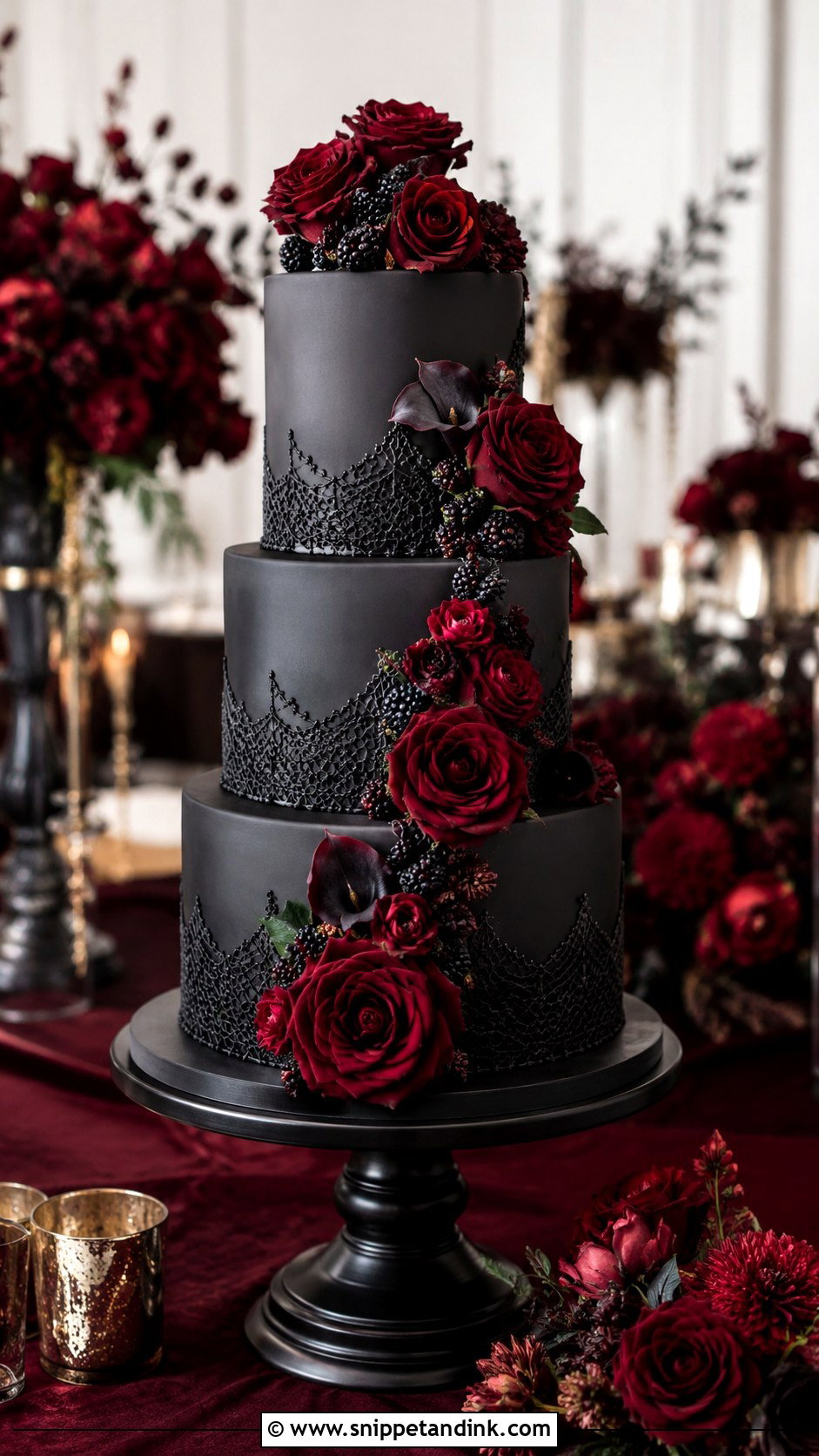 Gothic Wedding Cake With Red Roses - Snippet and Ink - 20 Goth Wedding Cake Ideas