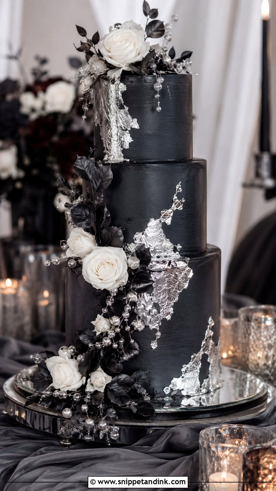 Gothic Wedding Cake With Silver Leaf - Snippet and Ink - 20 Simple Gothic Wedding Cake Ideas
