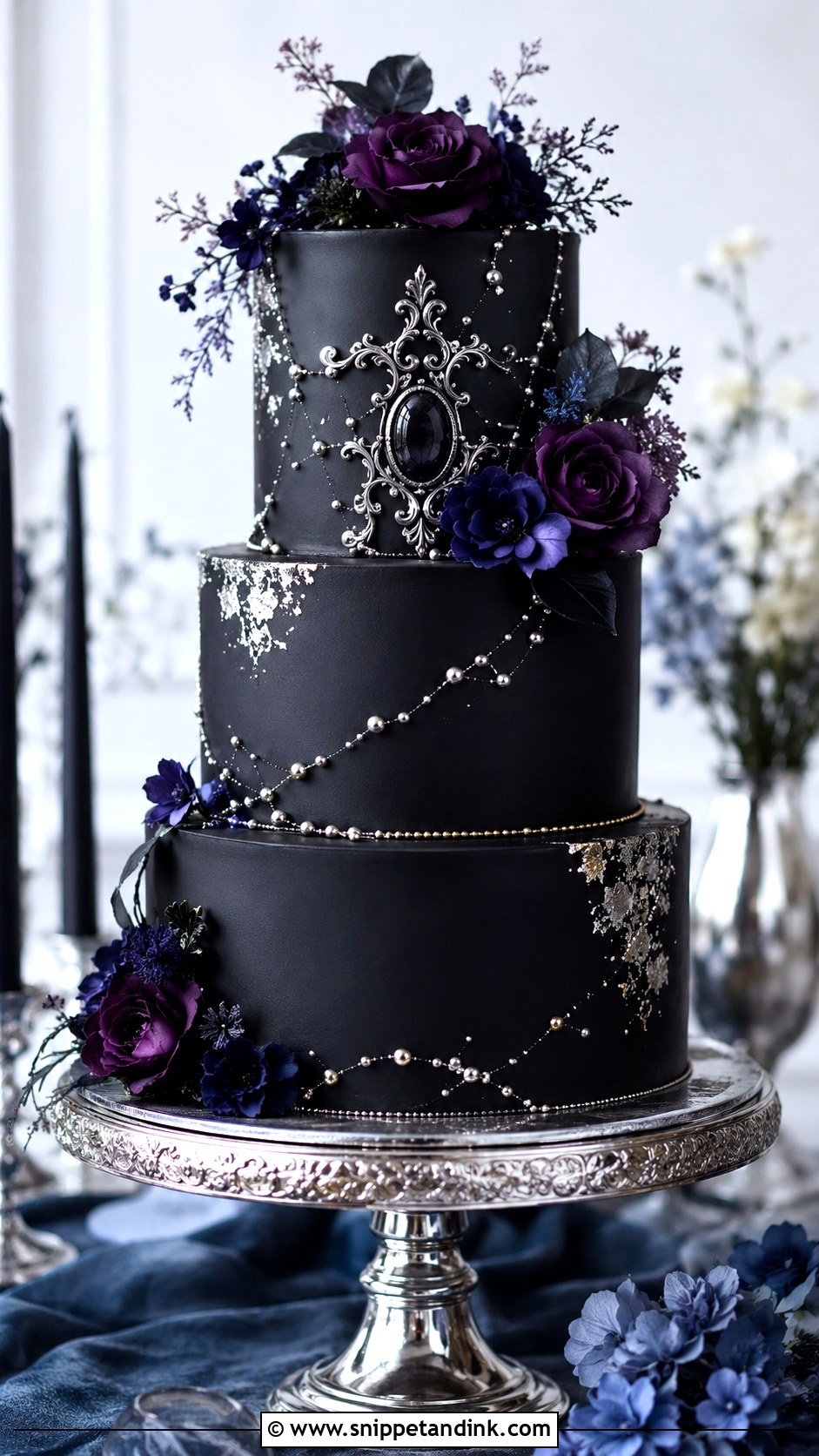 Gothic Wedding Cake With Silver - Snippet and Ink - 20 Gothic Wedding Cake Ideas
