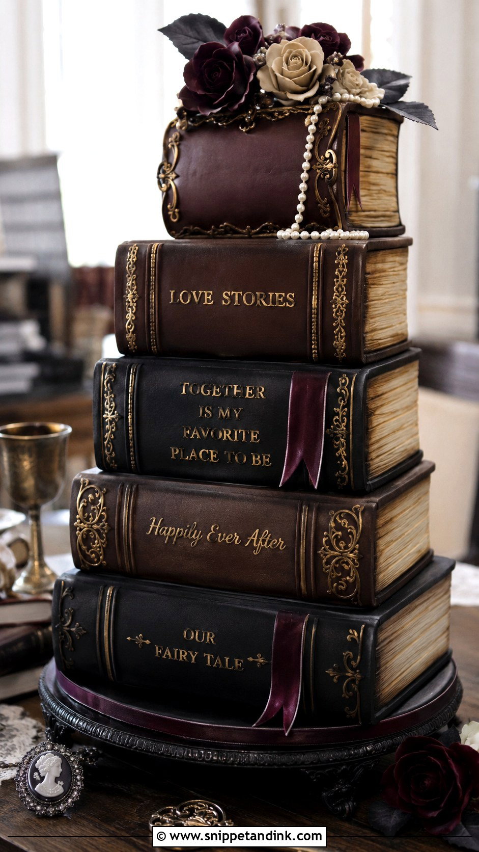 Gothic Wedding Cake With Vintage Books - Snippet and Ink - 20 Gothic Wedding Cake Ideas