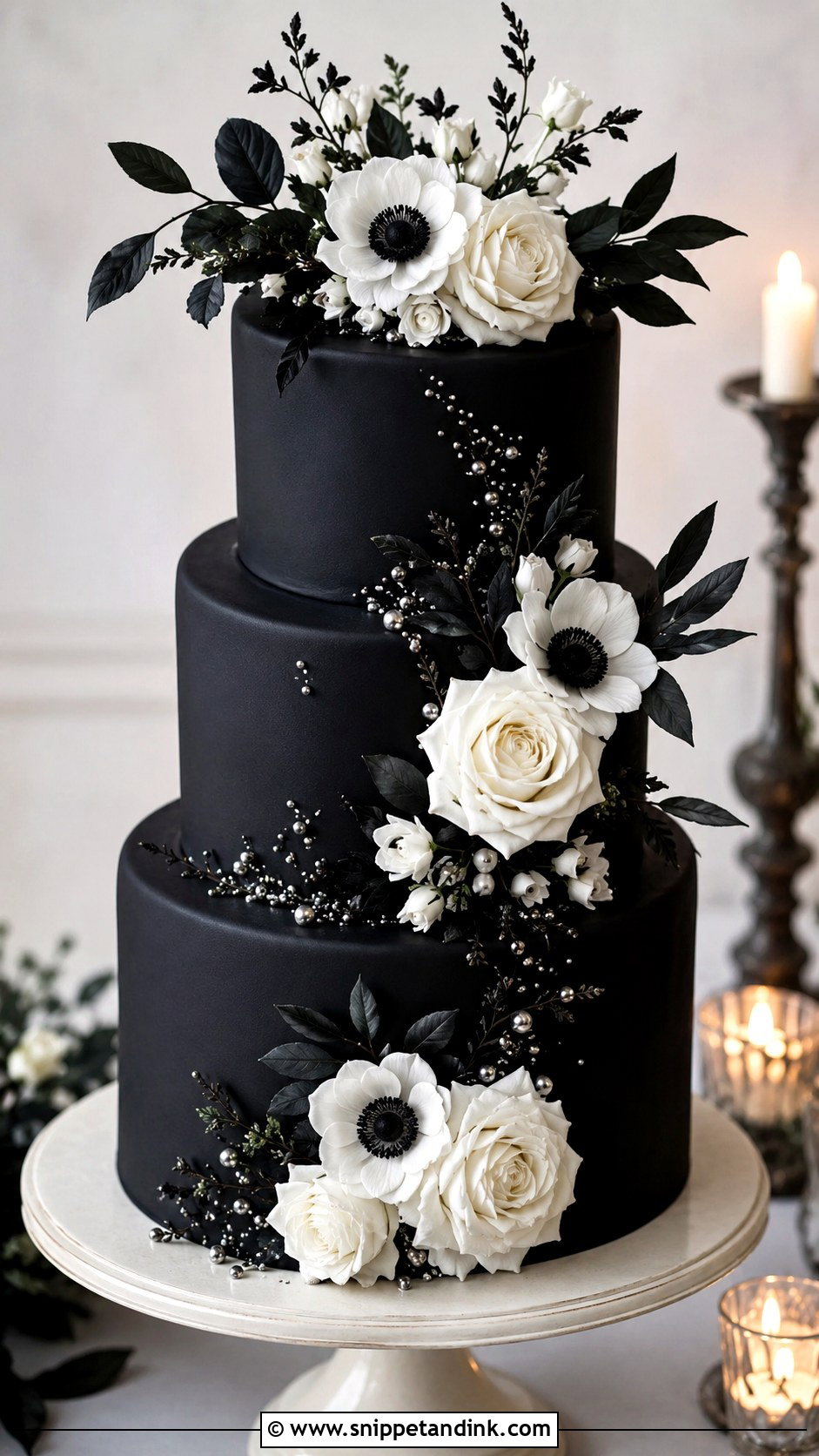 Gothic Wedding Cake With White Flowers - Snippet and Ink - 20 Goth Wedding Cake Ideas