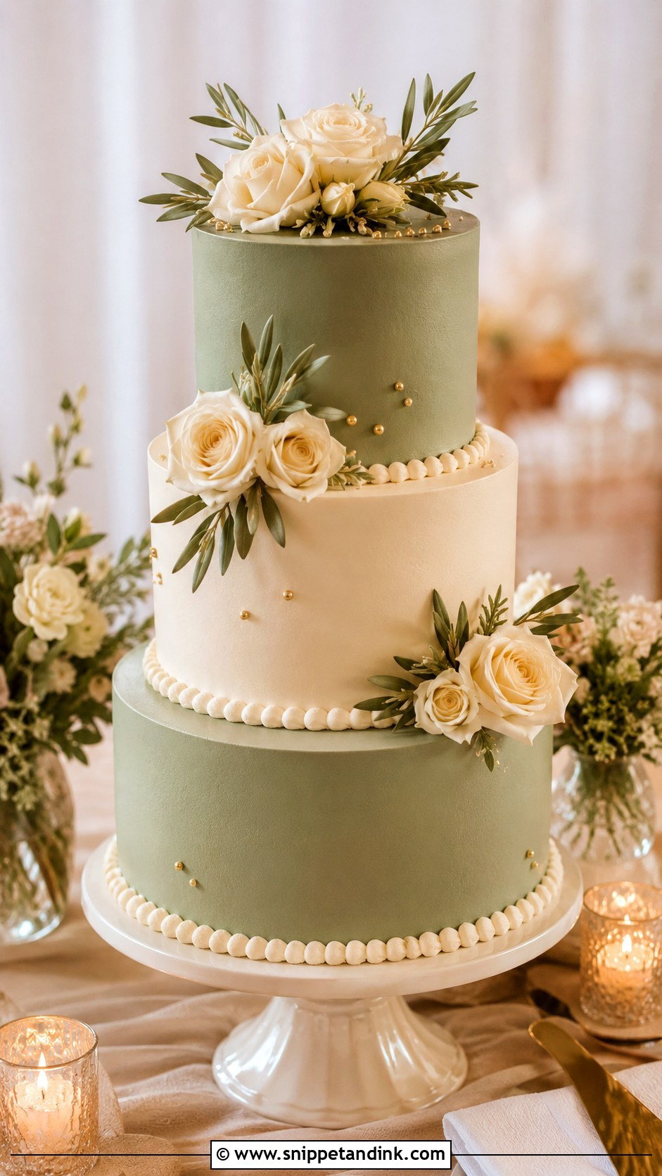 Green And Ivory Wedding Cake - Snippet and Ink - 25 Elegant Green Wedding Cake Ideas