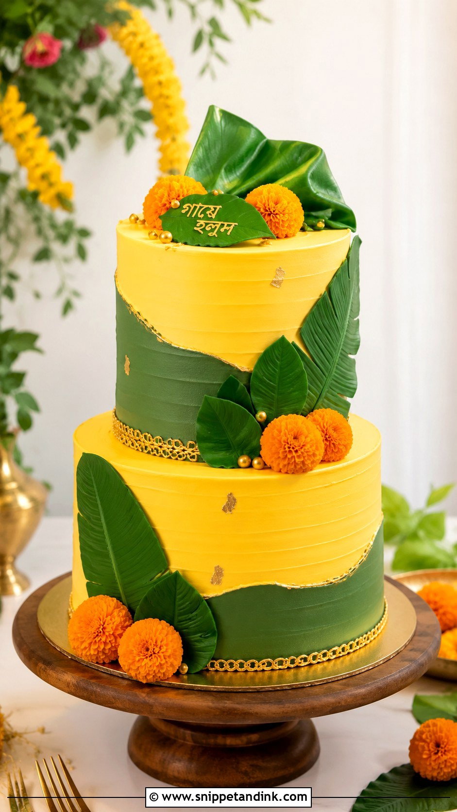 Green And Yellow Gaye Holud Cake - Snippet and Ink - 20 Gaye Holud Cake Design Ideas