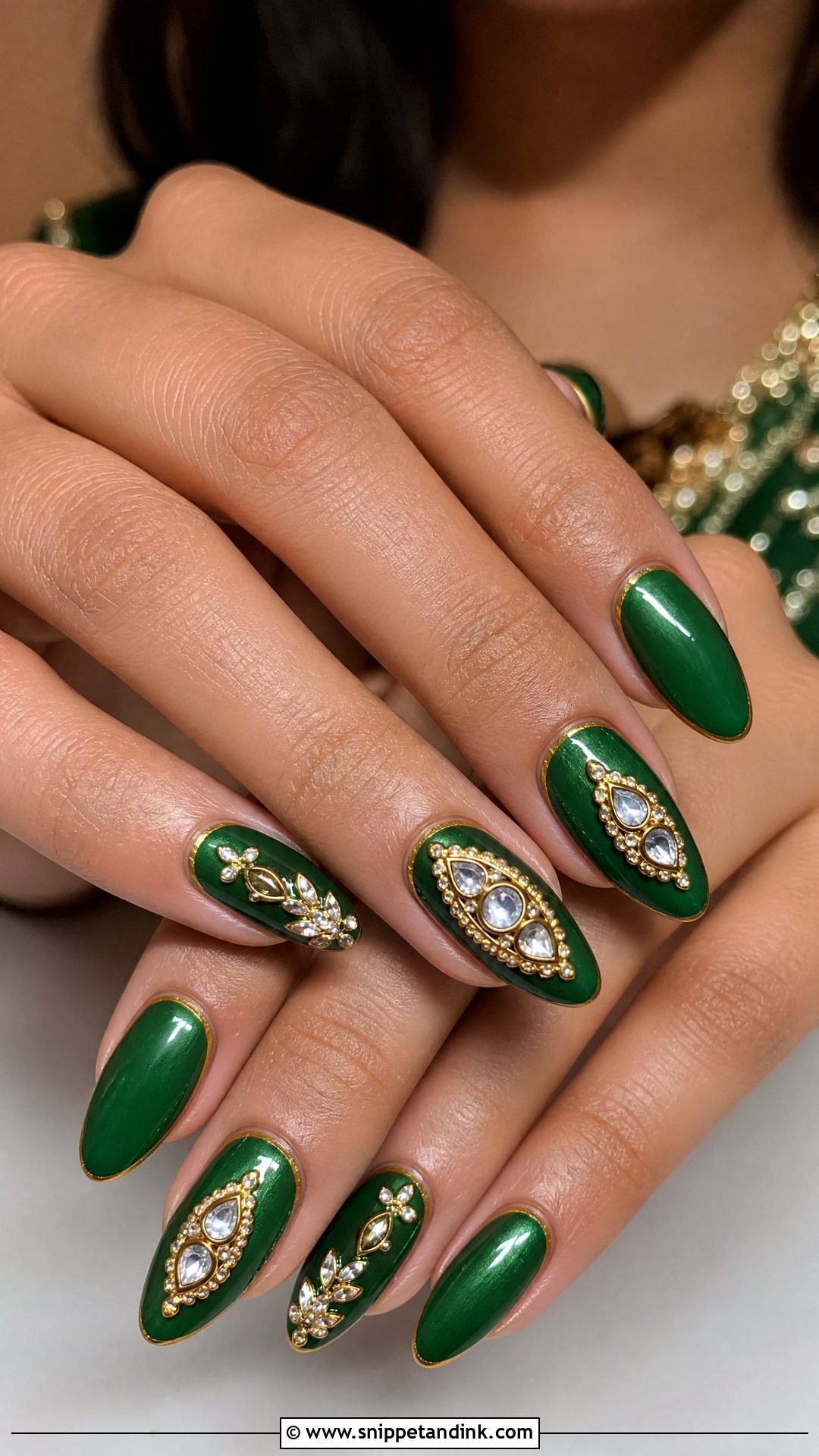 Green Bridal Nails With Kundan Art - Snippet and Ink - 25 Nail Art for Wedding Indian Brides Ideas