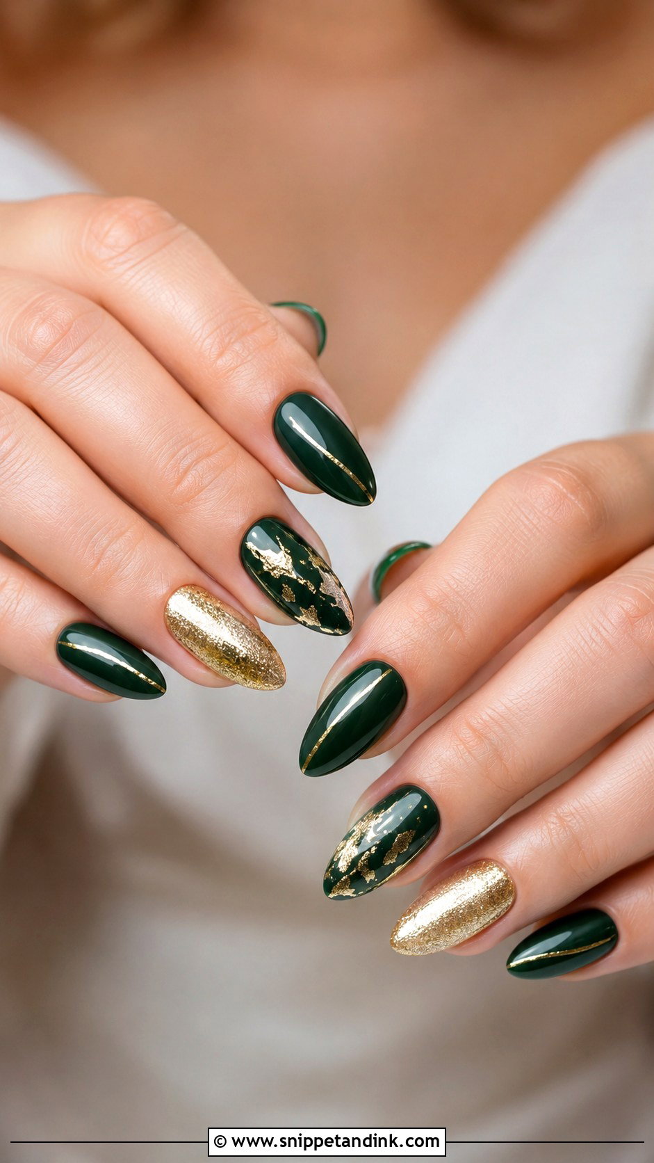 Green Bridesmaid Nails With Gold Accents - Snippet and Ink - 20 Indian Wedding Nails Bridesmaid