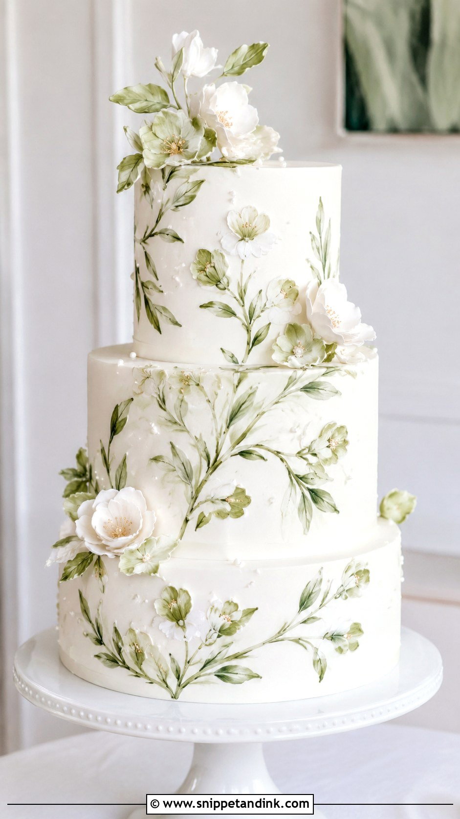 Green Floral Painted Wedding Cake - Snippet and Ink - 20 Green Wedding Cake Ideas