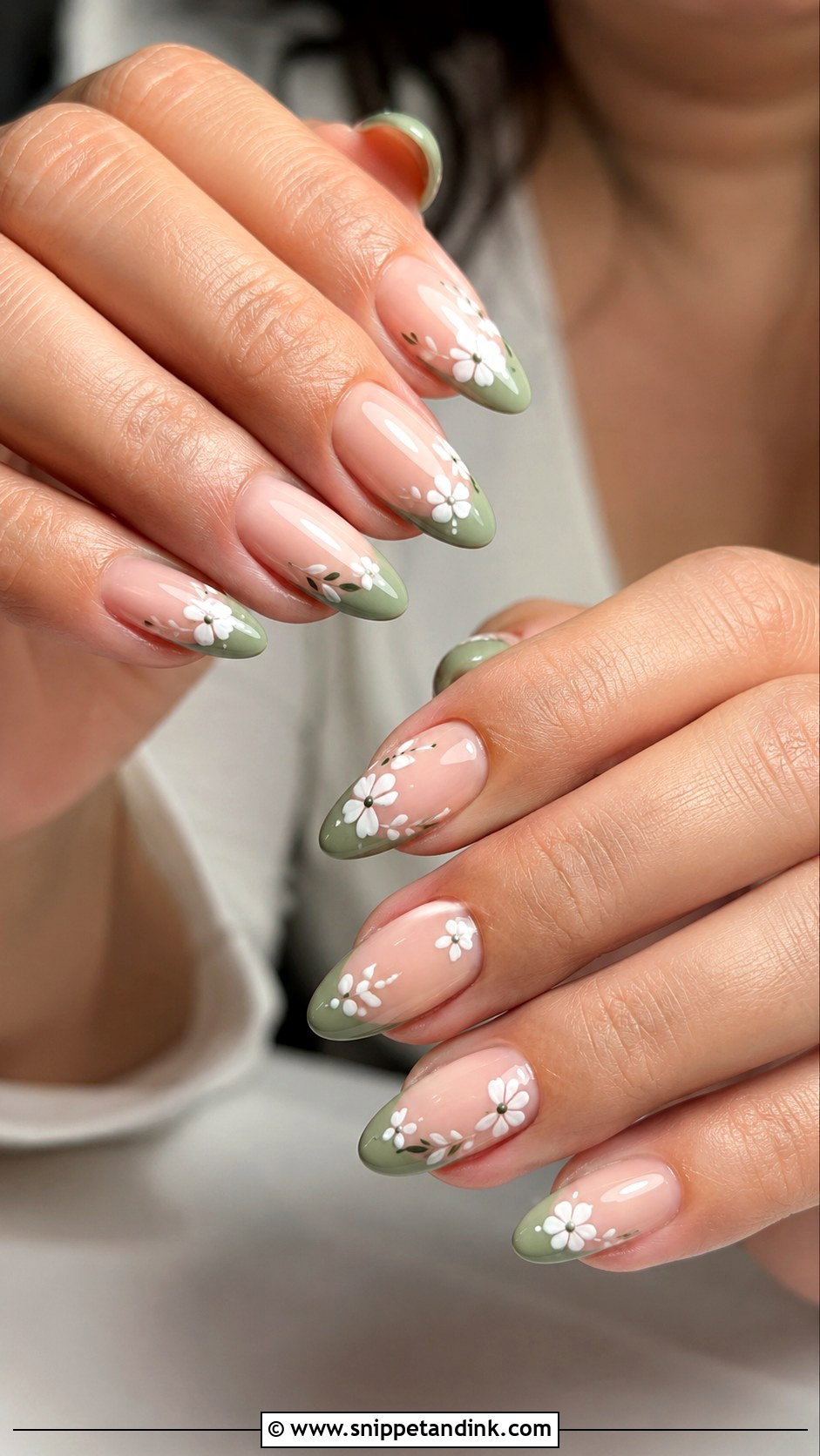 Green French Tip Nails With White Flowers - Snippet and Ink - 20 Green Bridal Nails