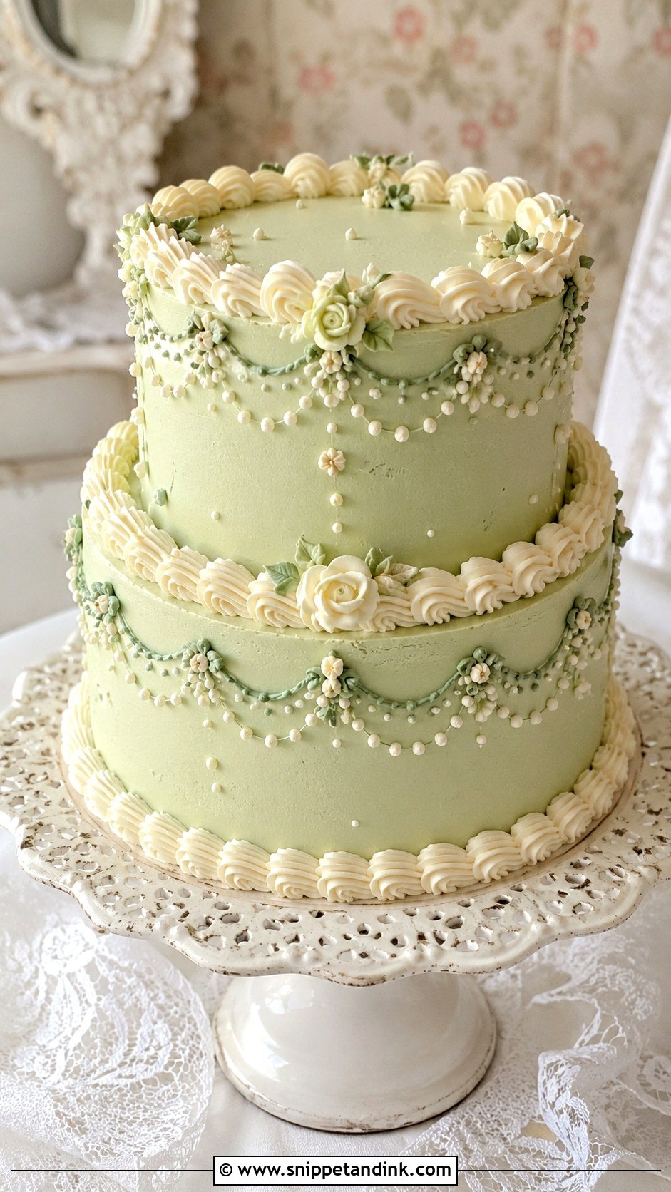 Green Vintage Wedding Cake - Snippet and Ink - 20 Green Wedding Cake Ideas