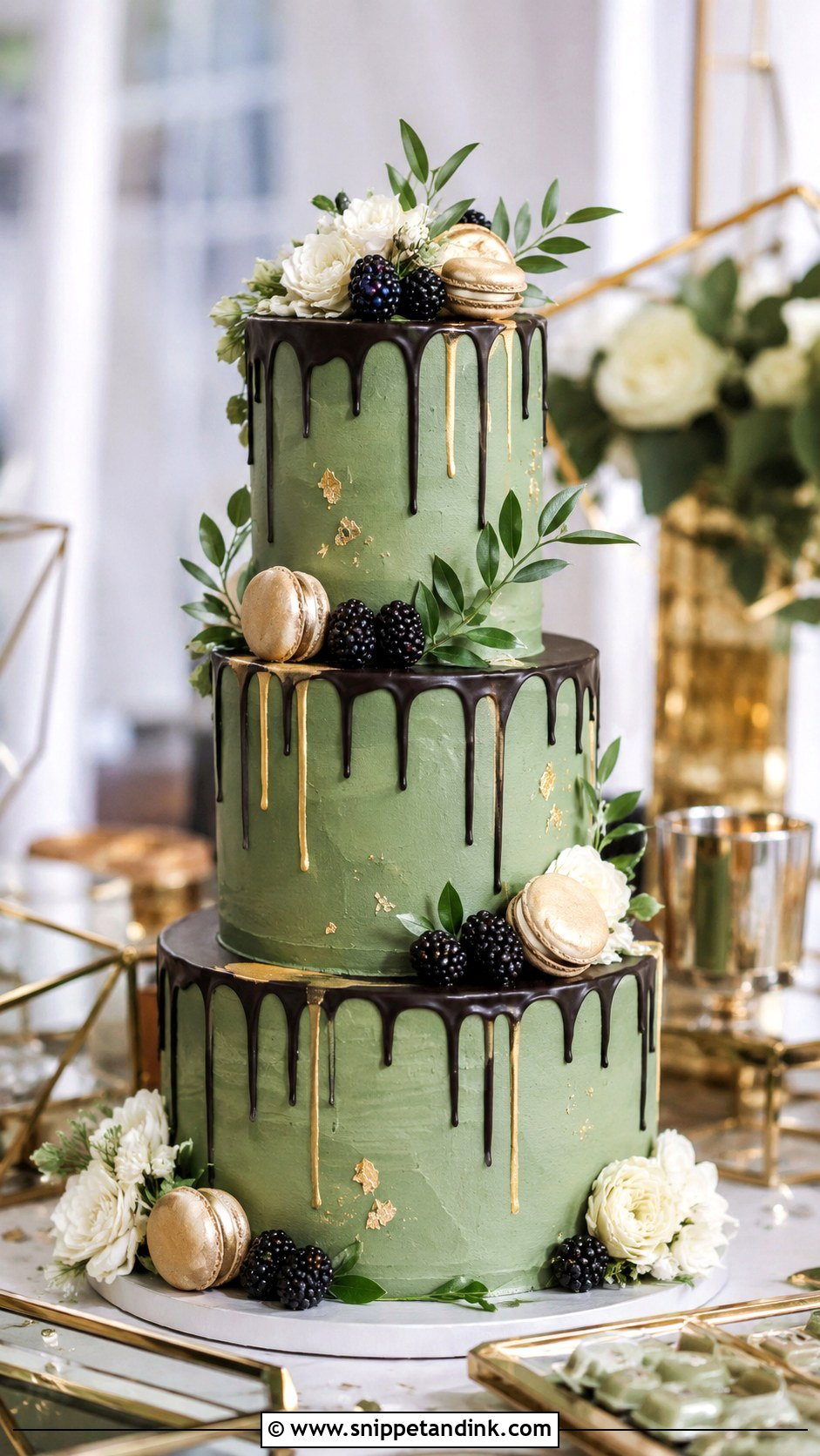Green Wedding Cake With Black And Gold Drip - Snippet and Ink - 20 Black Green and Gold Wedding Cake Ideas