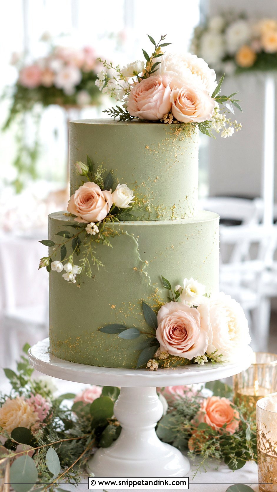Green Wedding Cake With Blush Flowers - Snippet and Ink - 25 Elegant Green Wedding Cake Ideas