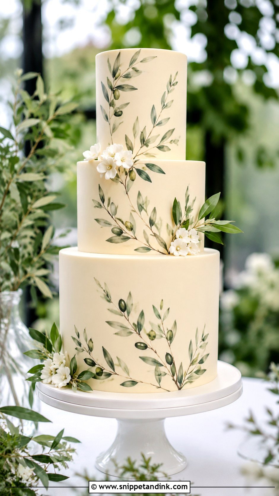 Green Wedding Cake With Botanical Painting - Snippet and Ink - 25 Elegant Green Wedding Cake Ideas