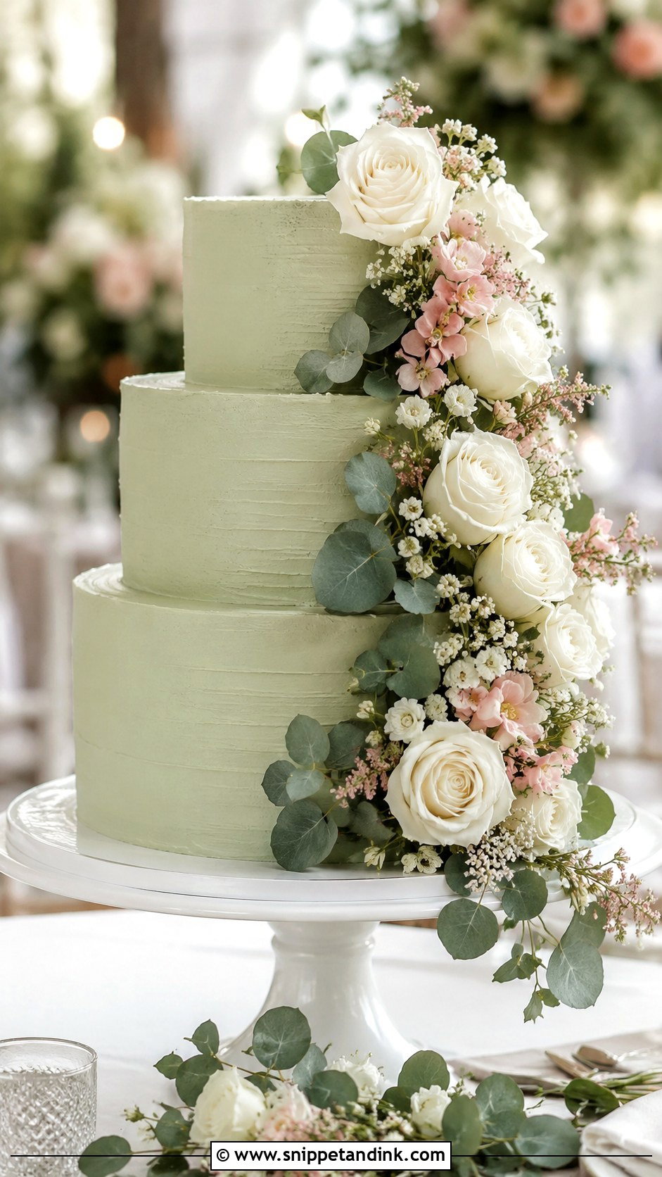 Green Wedding Cake With Floral Cascade - Snippet and Ink - 25 Elegant Green Wedding Cake Ideas