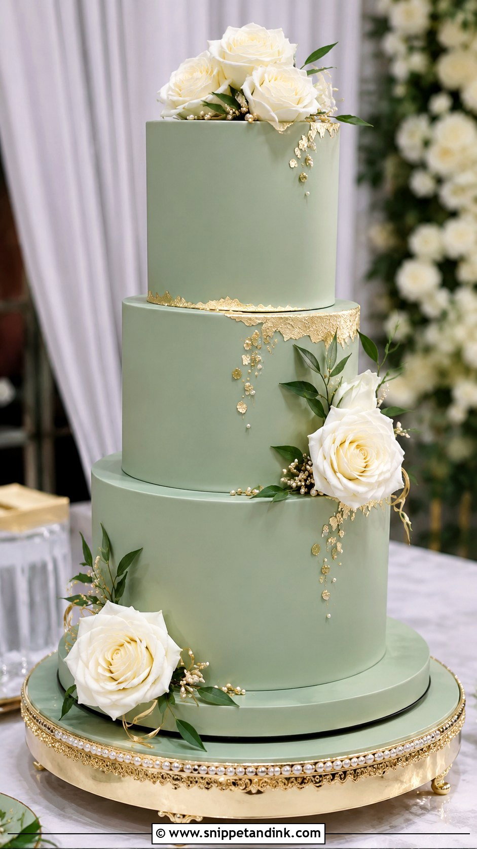Green Wedding Cake With Gold - Snippet and Ink - 20 Green Wedding Cake Ideas