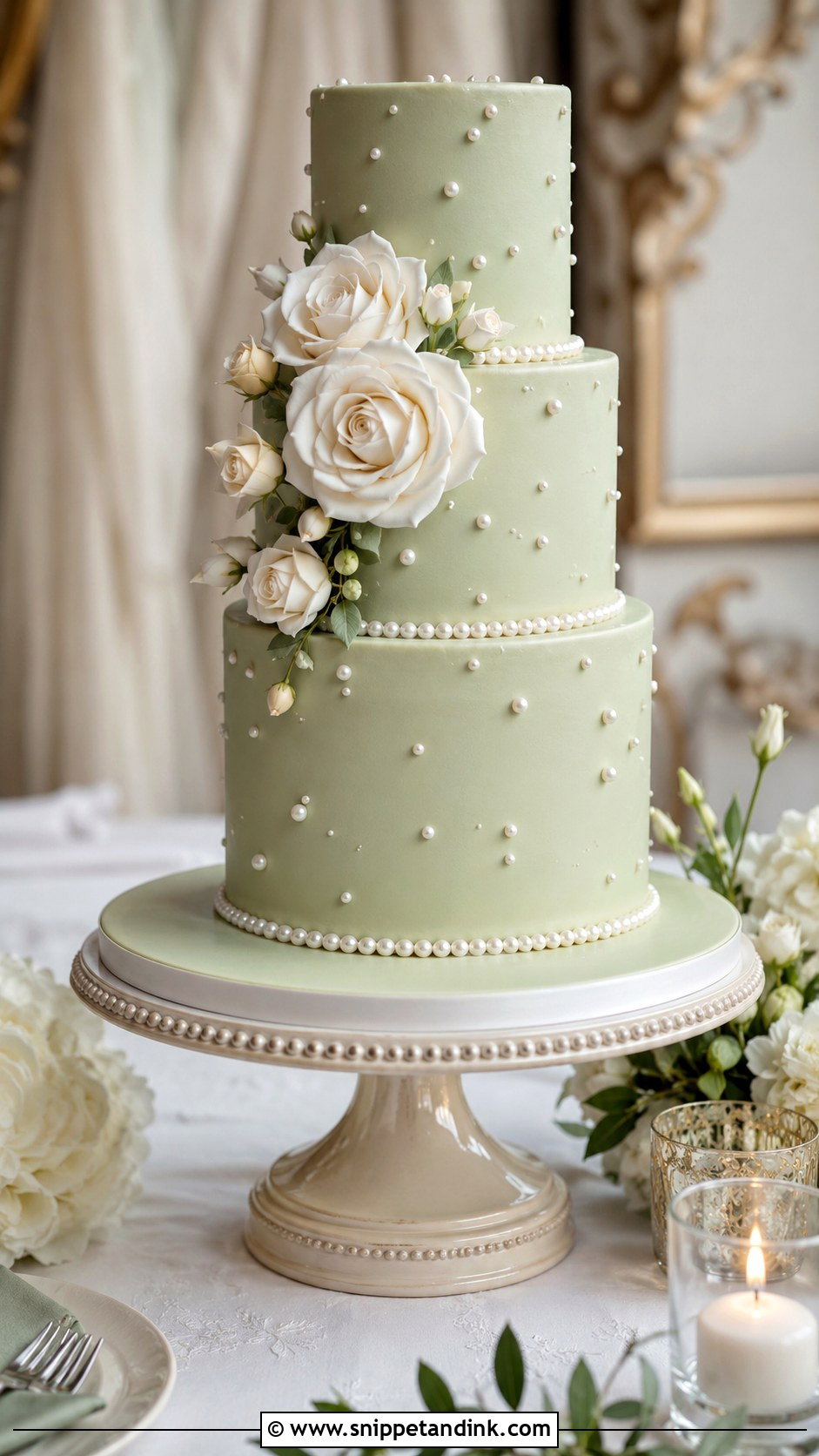 Green Wedding Cake With Pearl Details - Snippet and Ink - 25 Elegant Green Wedding Cake Ideas