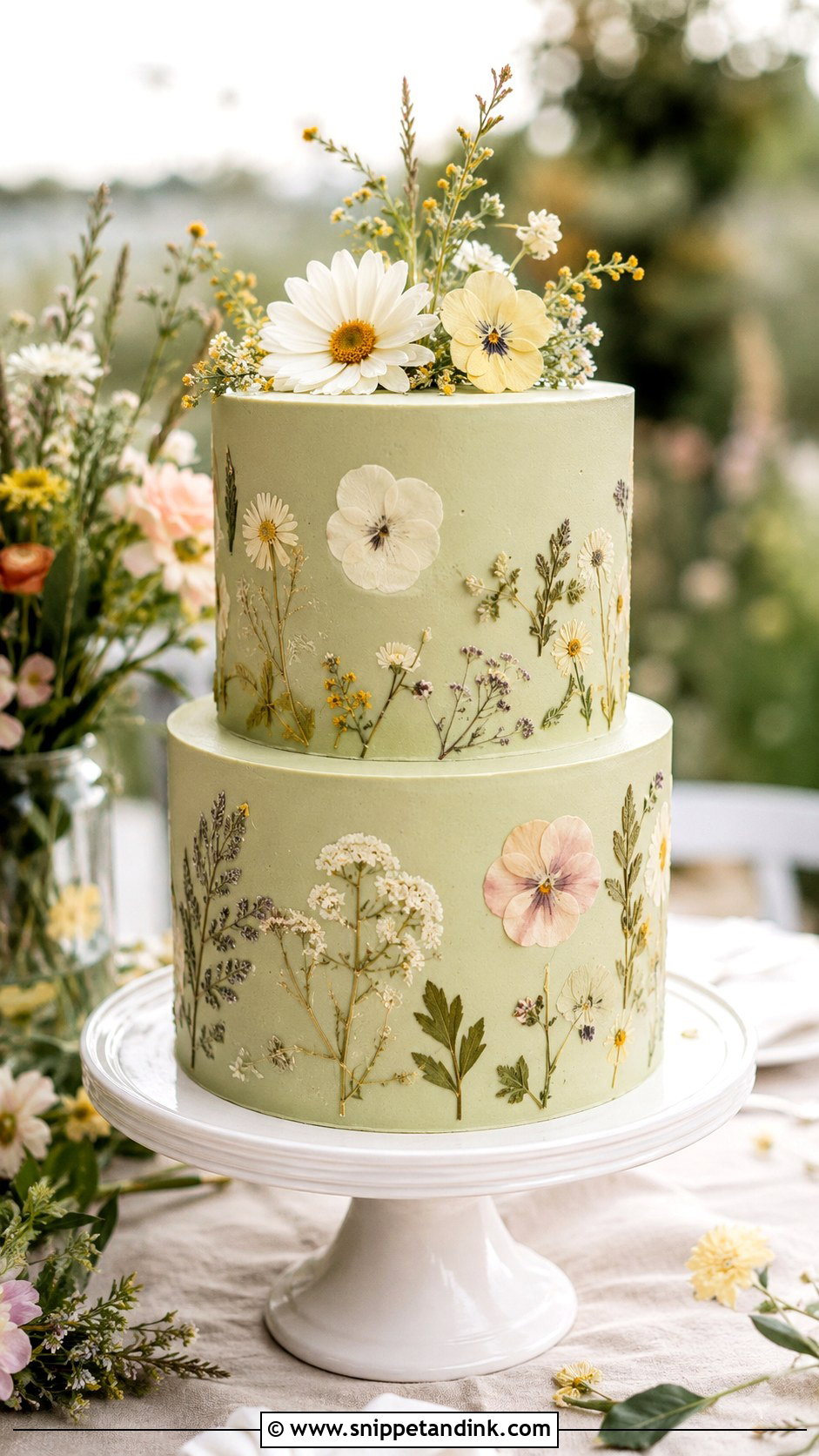 Green Wedding Cake With Pressed Flowers - Snippet and Ink - 25 Elegant Green Wedding Cake Ideas