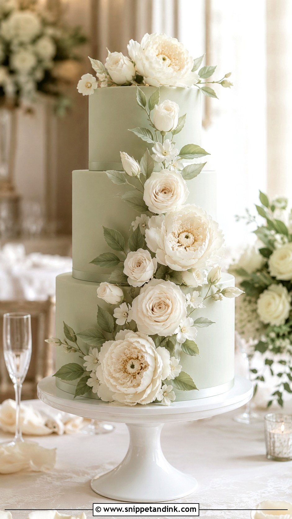Green Wedding Cake With Sugar Flowers - Snippet and Ink - 25 Elegant Green Wedding Cake Ideas