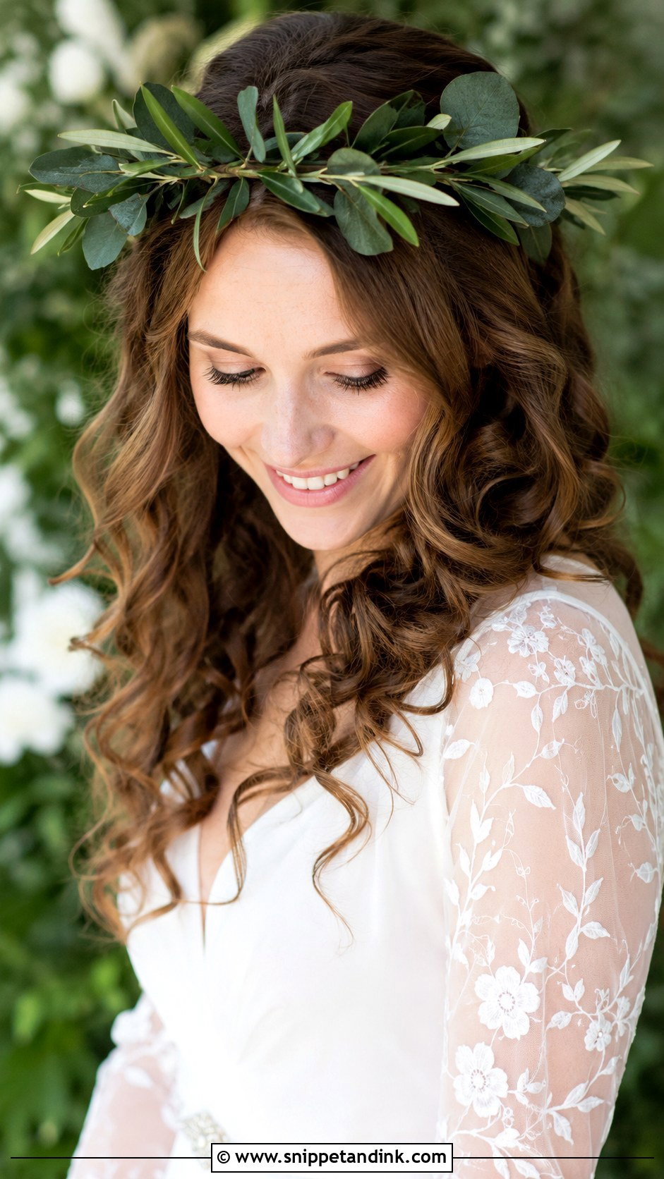Greenery Crown With Loose Curls - Snippet and Ink - 20 Bridal Hair with Flower Crown Ideas
