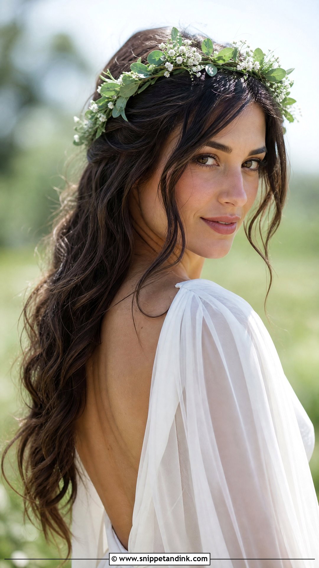 Greenery Crown With Natural Waves - Snippet and Ink - 15 Bride Hair Crown Ideas