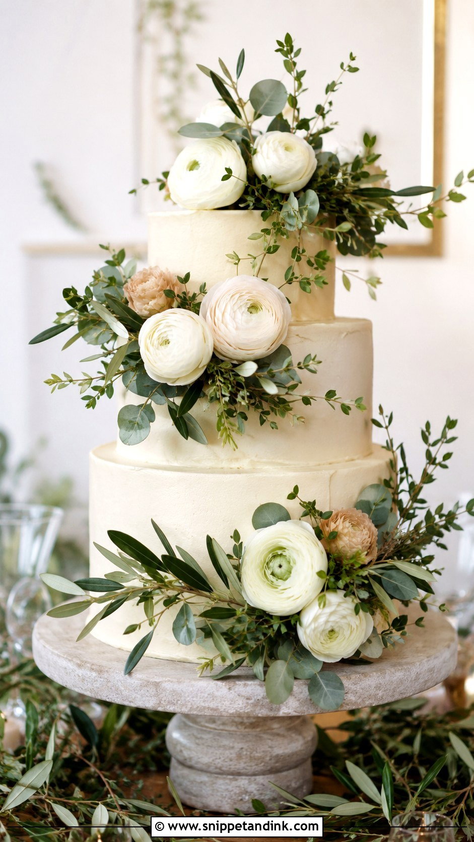 Greenery Ranunculus Wedding Cake - Snippet and Ink - 25 Wedding Cake Ideas with Ranunculus