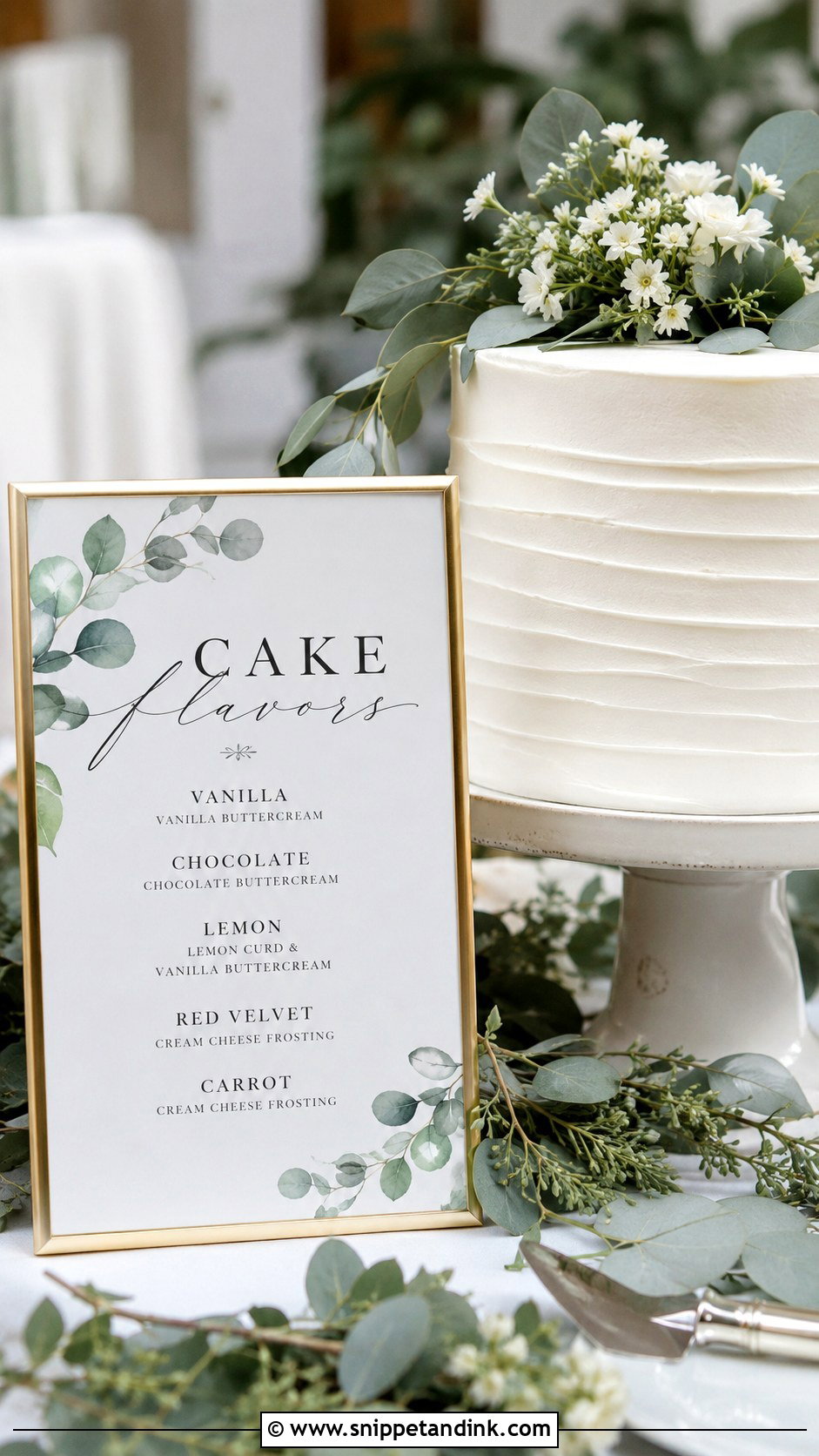 Greenery Wedding Cake Flavor Sign - Snippet and Ink - 20 Wedding Cake Flavour Sign Ideas