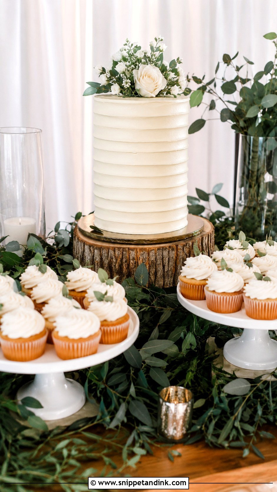 Greenery Wedding Cake Table With Cupcakes - Snippet and Ink - 20 Wedding Cake Table Ideas with Cupcakes