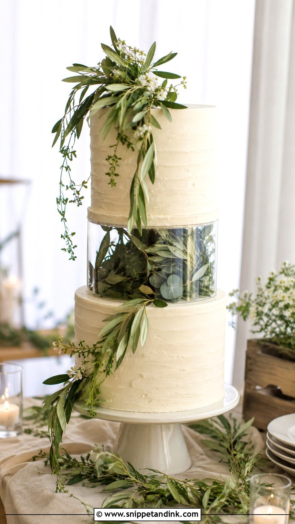 Greenery Wedding Cake With Acrylic Separator - Snippet and Ink - 20 Wedding Cake Acrylic Separator Ideas
