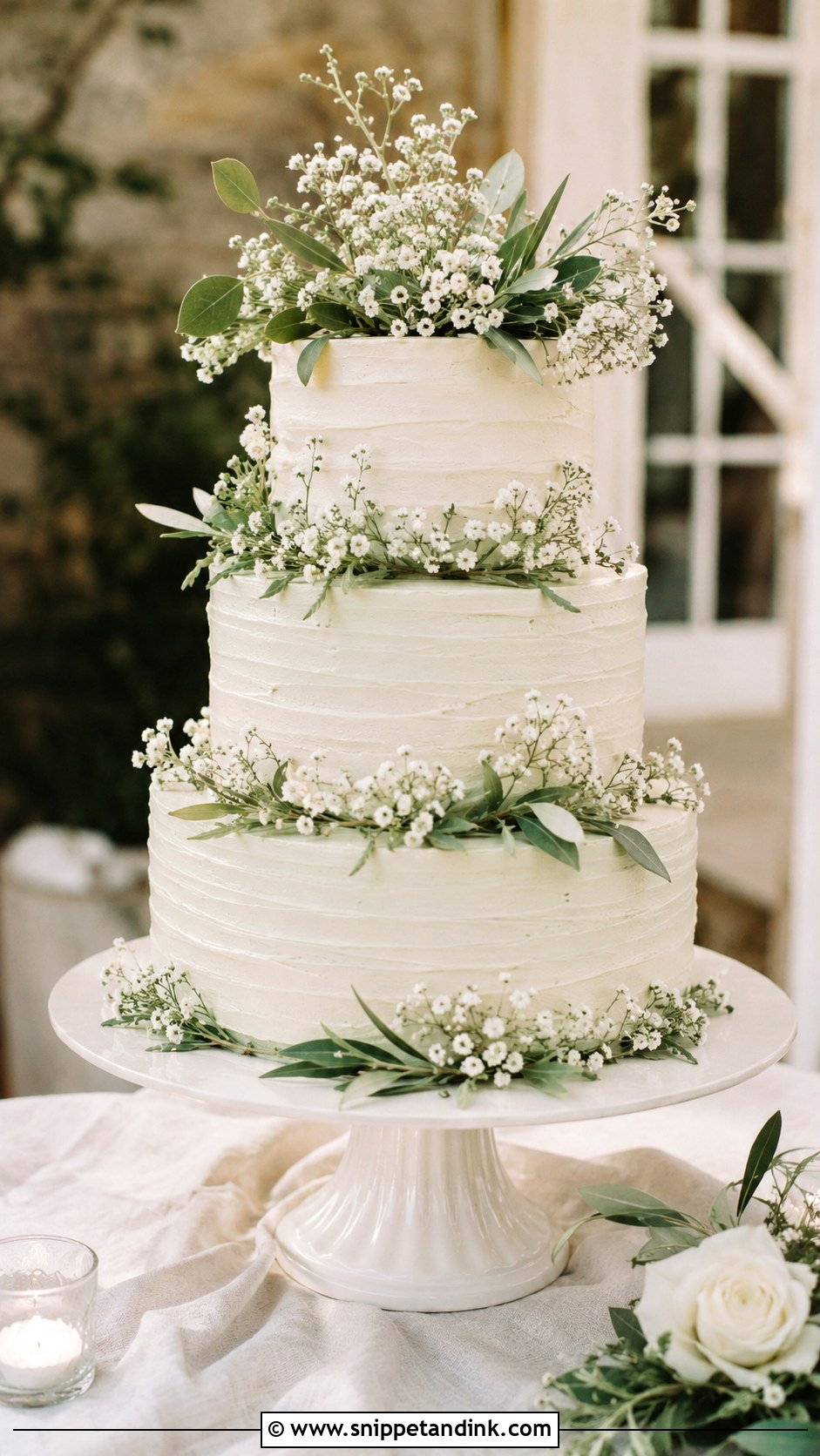 Greenery Wedding Cake With Babys Breath - Snippet and Ink - 25 Rustic Greenery Wedding Cake Ideas