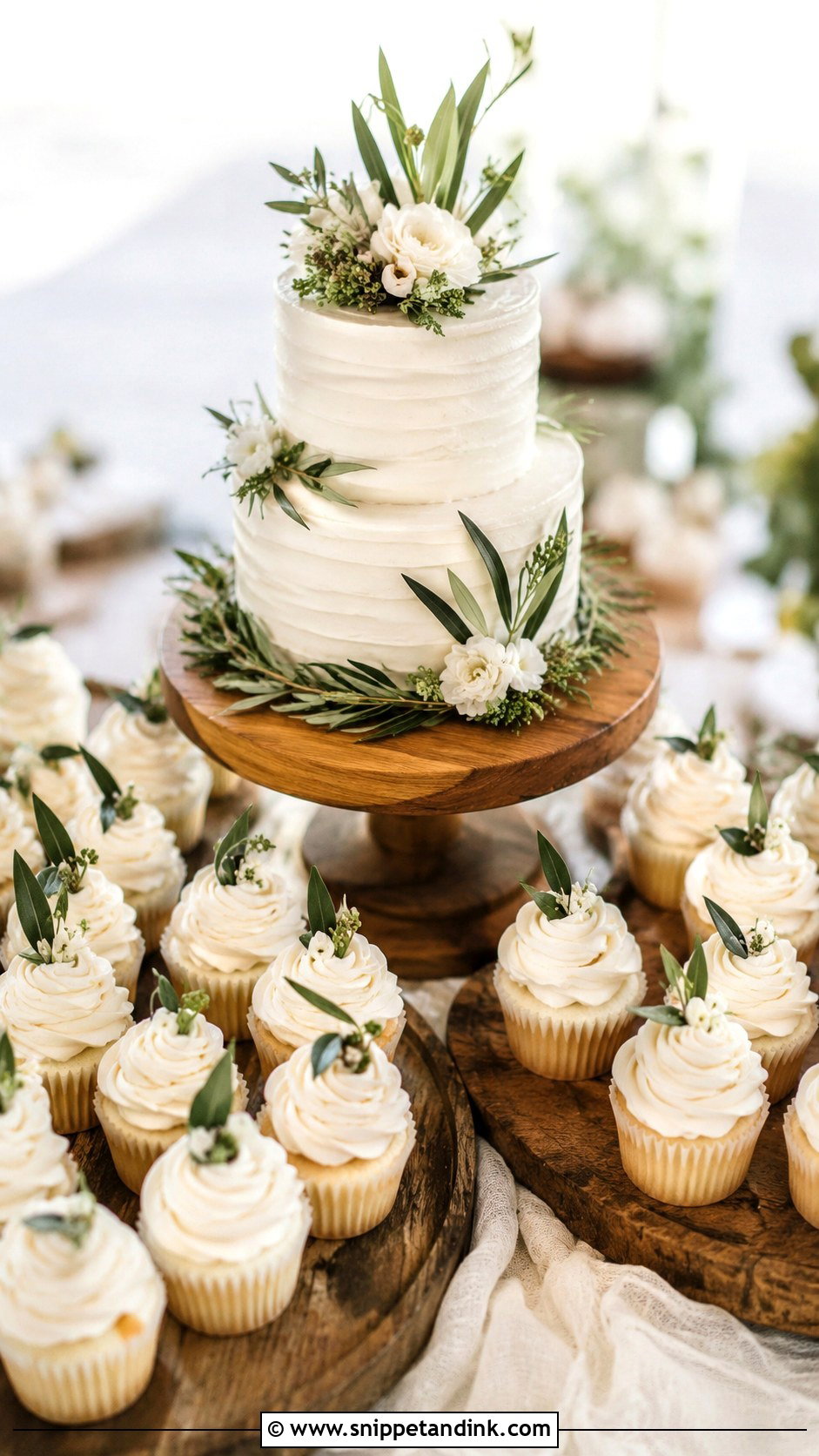 Greenery Wedding Cake With Cupcakes - Snippet and Ink - 25 Rustic Greenery Wedding Cake Ideas