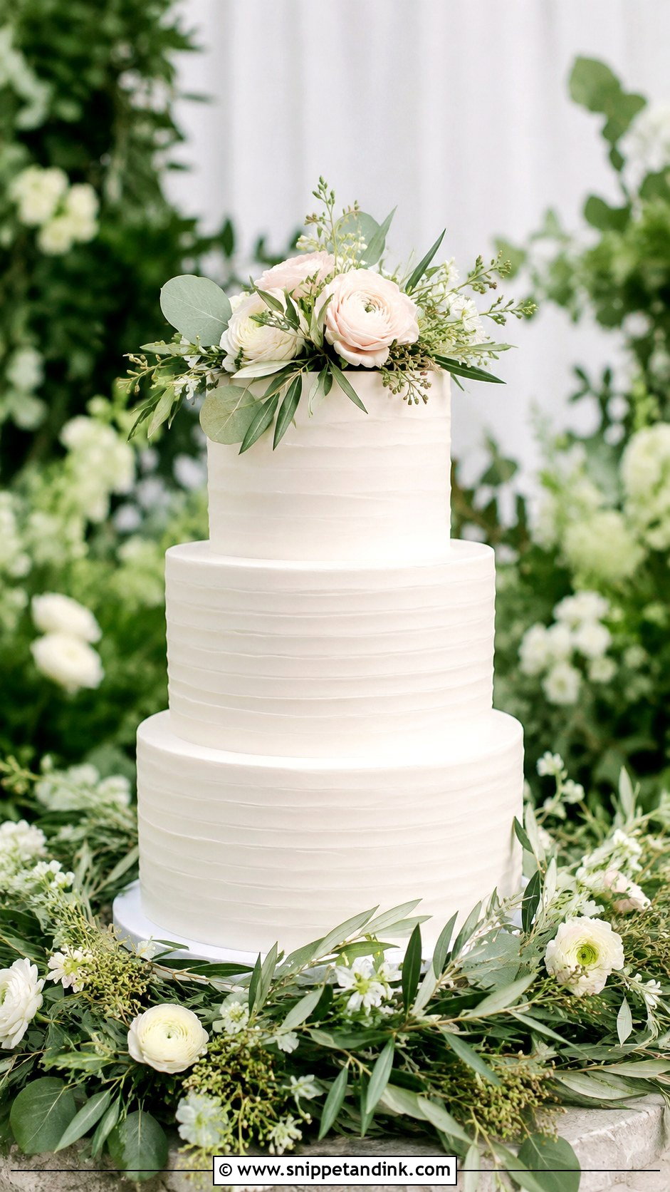 Greenery Wedding Cake With Flowers Around - Snippet and Ink - 20 Flowers Around Cake Ideas for Wedding
