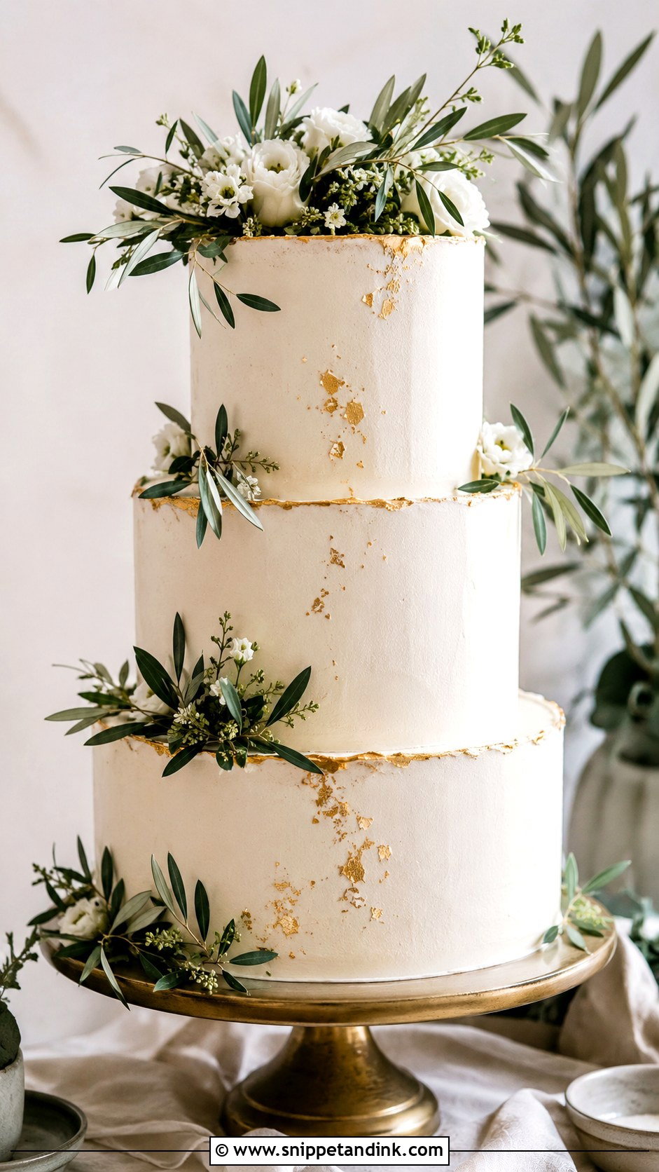 Greenery Wedding Cake With Gold Accents - Snippet and Ink - 25 Rustic Greenery Wedding Cake Ideas
