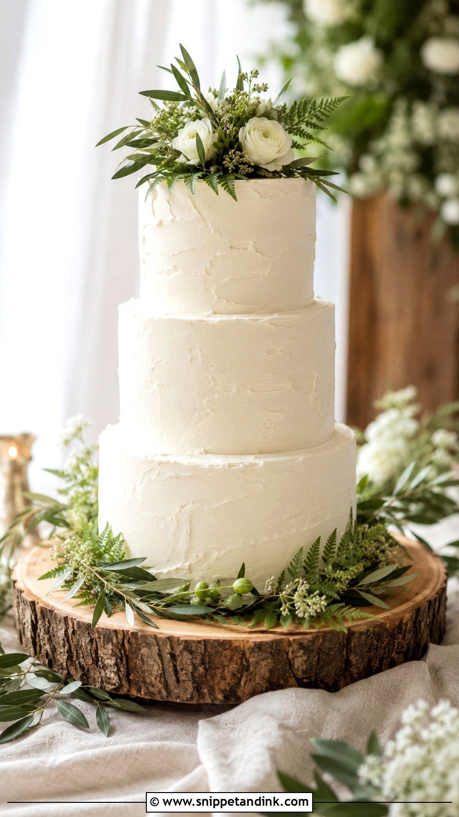 Greenery Wedding Cake With Wood Stand - Snippet and Ink - 25 Rustic Greenery Wedding Cake Ideas