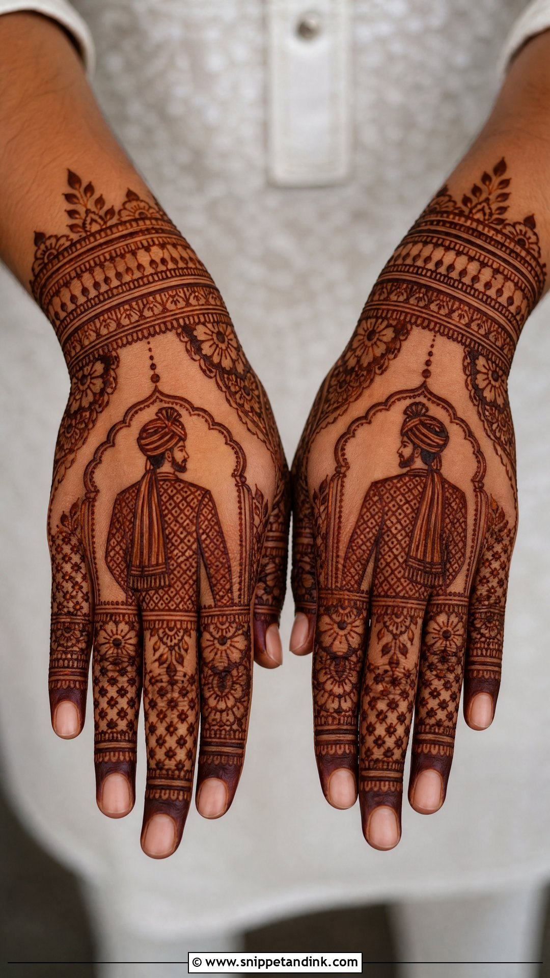 Groom Back Hand Mehndi With Dulha Art - Snippet and Ink - 20 Groom Back Hand Mehndi Design Ideas